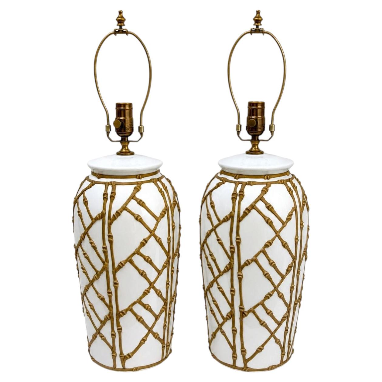 Pair of White Bamboo Lamps For Sale