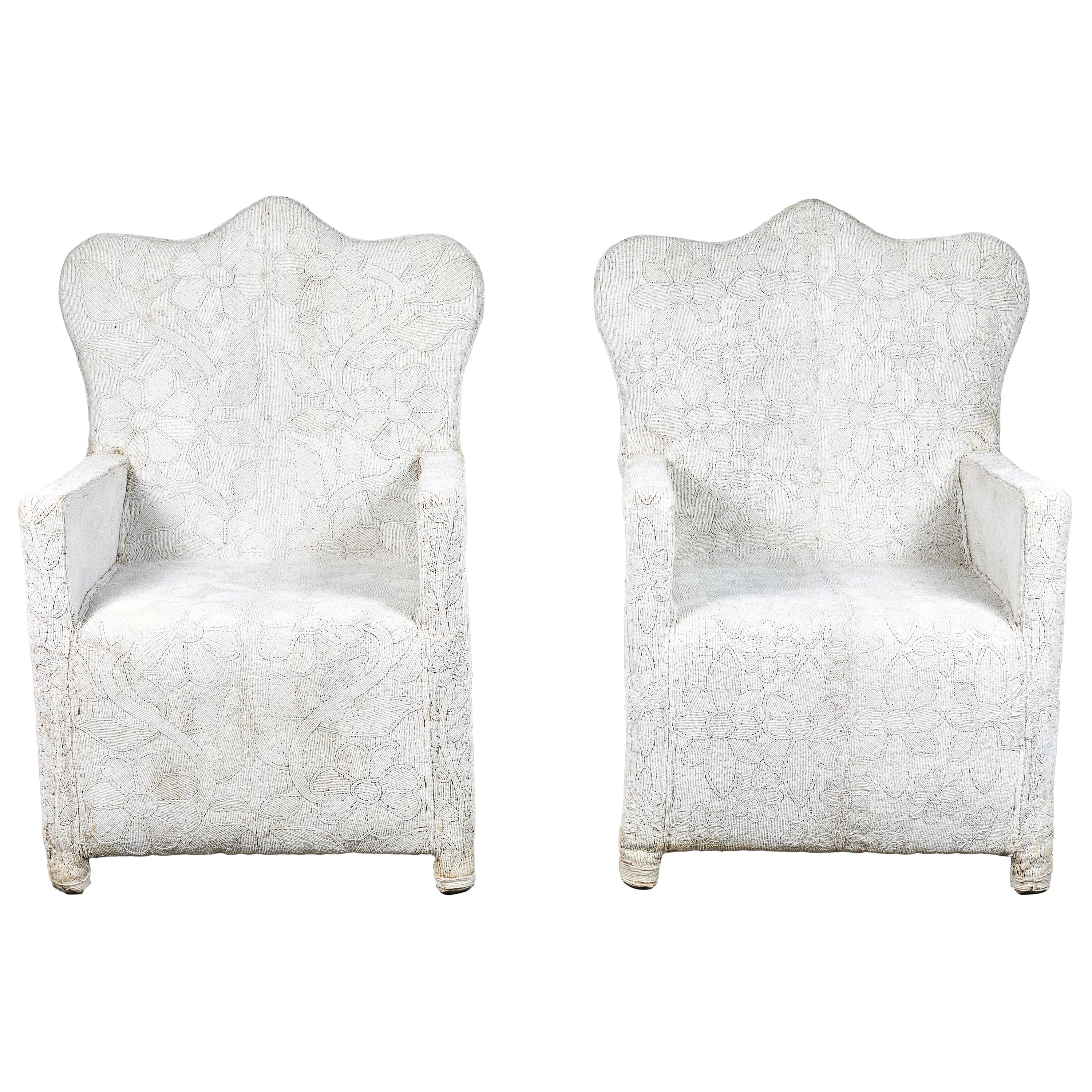 Pair of White Beaded Nigerian Chairs with Crown Top