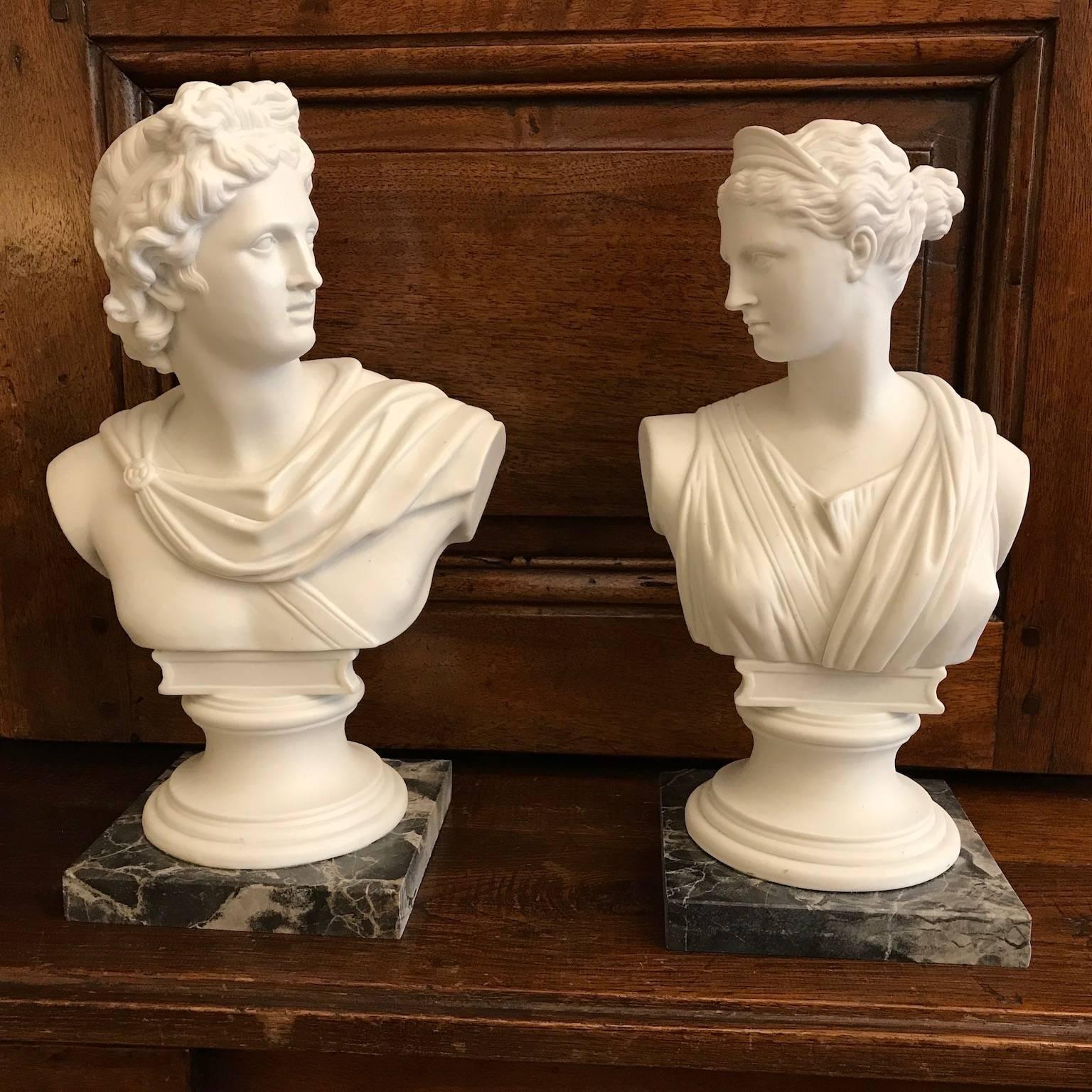 Pair of White Biscuit Porcelain Busts of Apollo Belvedere and Diana from Italy 4