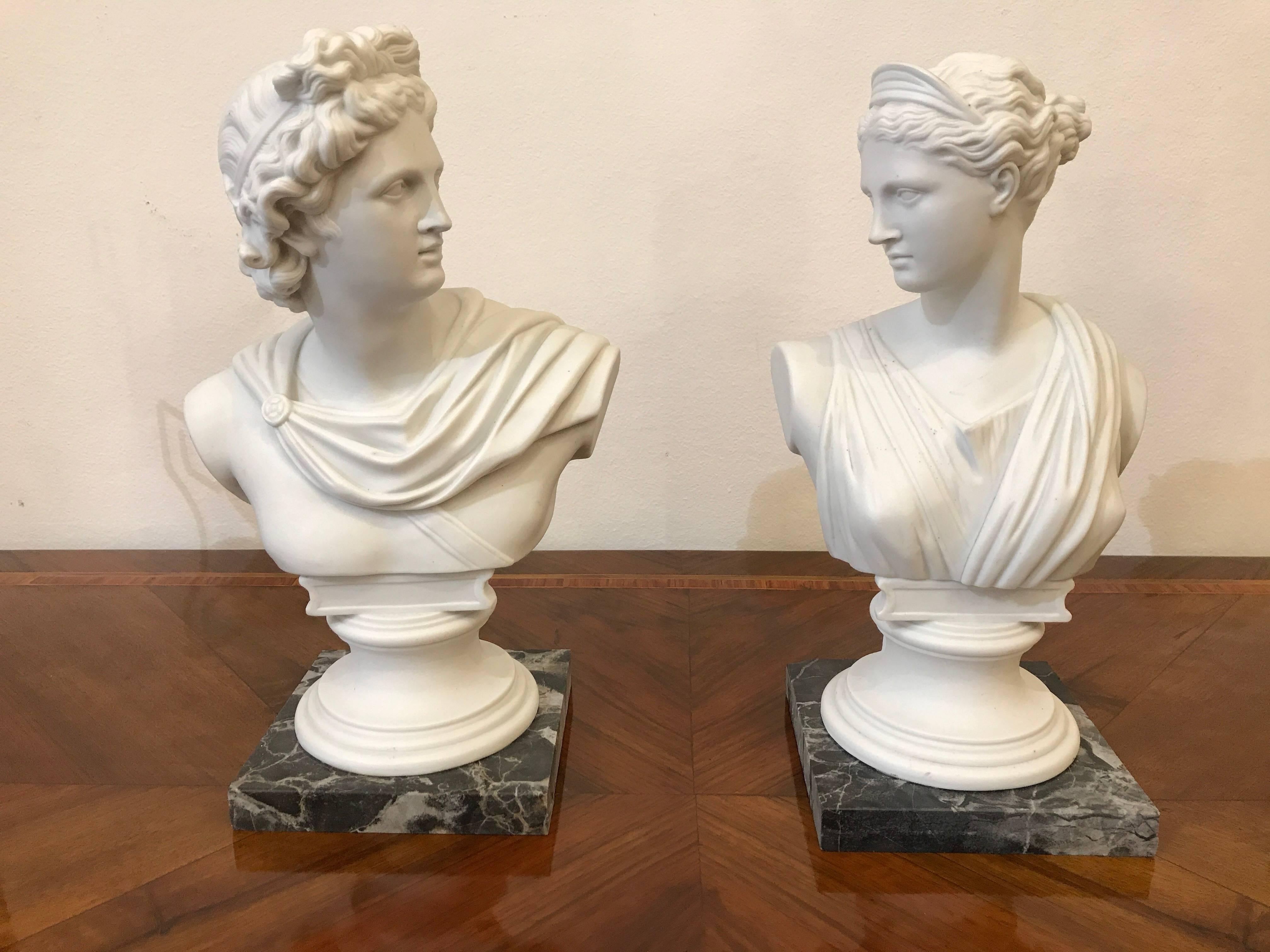 Pair of White Biscuit Porcelain Busts of Apollo Belvedere and Diana from Italy 5