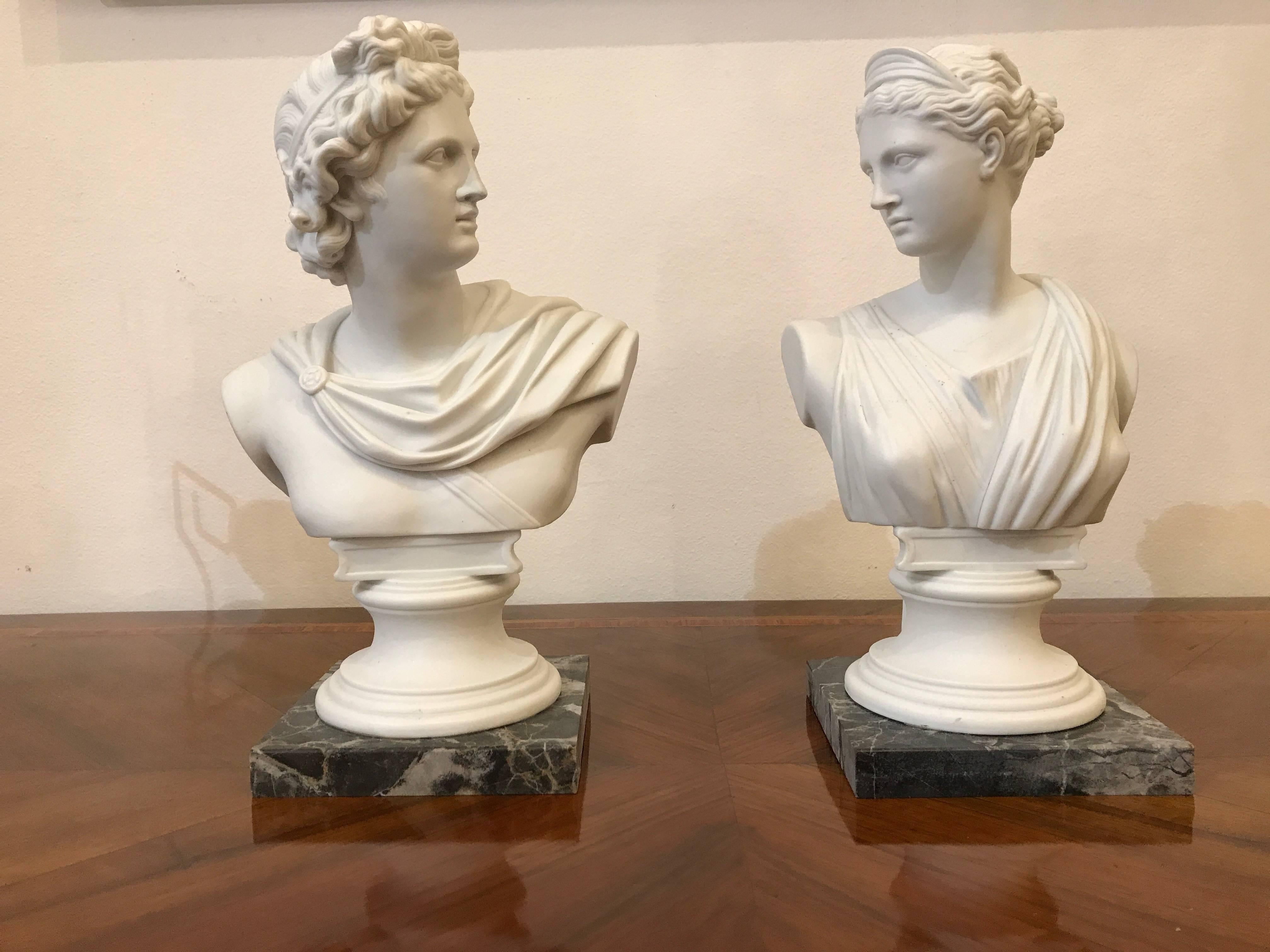 Pair of White Biscuit Porcelain Busts of Apollo Belvedere and Diana from Italy 6