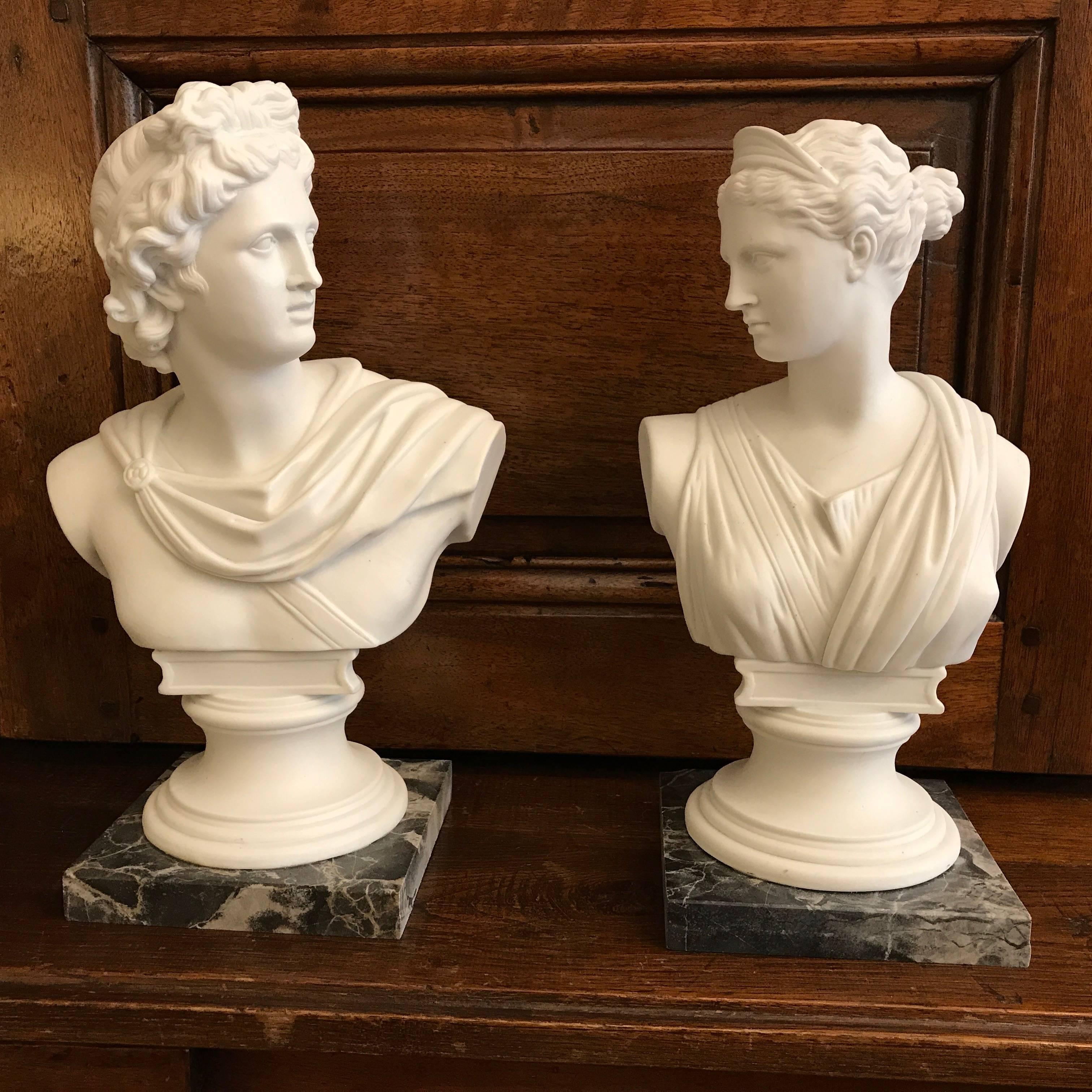 Italian Pair of White Biscuit Porcelain Busts of Apollo Belvedere and Diana from Italy