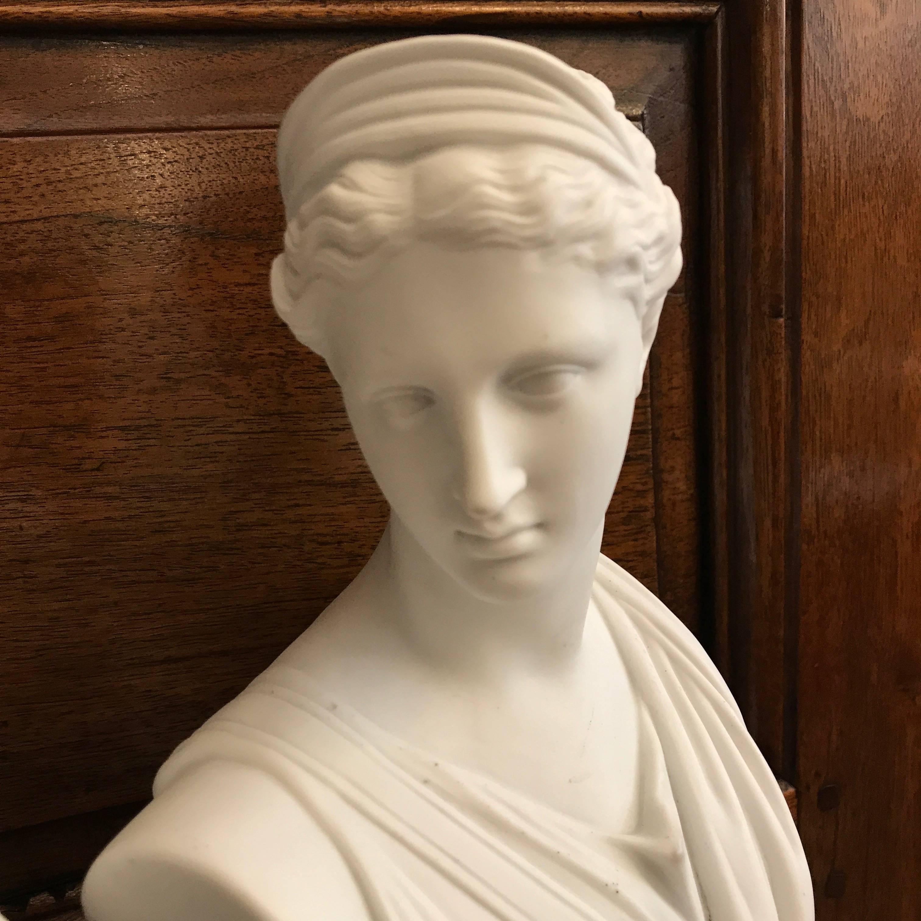 Neoclassical Pair of White Biscuit Porcelain Busts of Apollo Belvedere and Diana from Italy