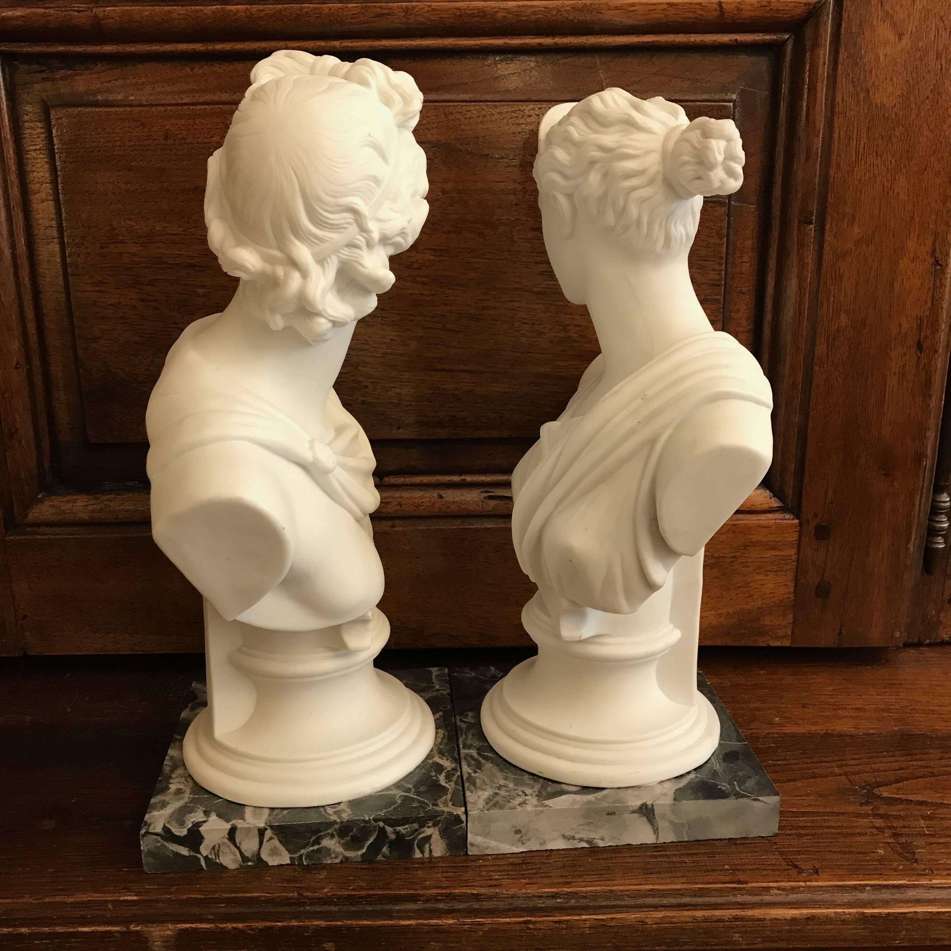 20th Century Pair of White Biscuit Porcelain Busts of Apollo Belvedere and Diana from Italy