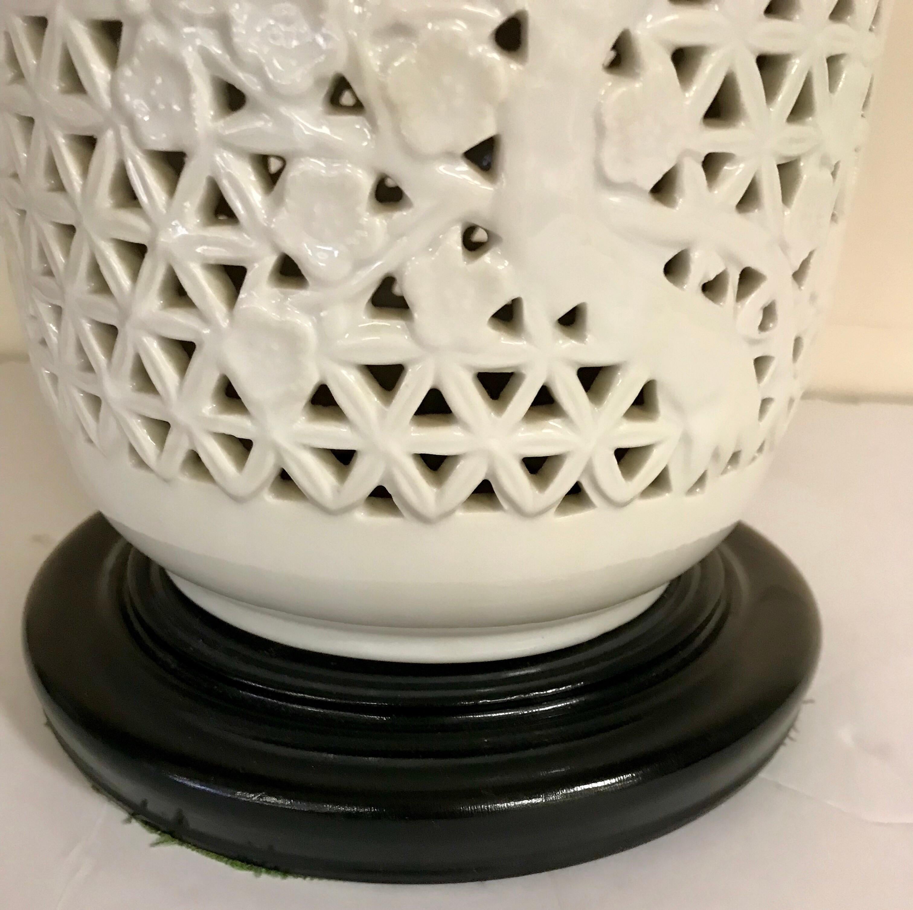 Ebonized Pair of White Blanc de Chine Reticulated Porcelain Lamps