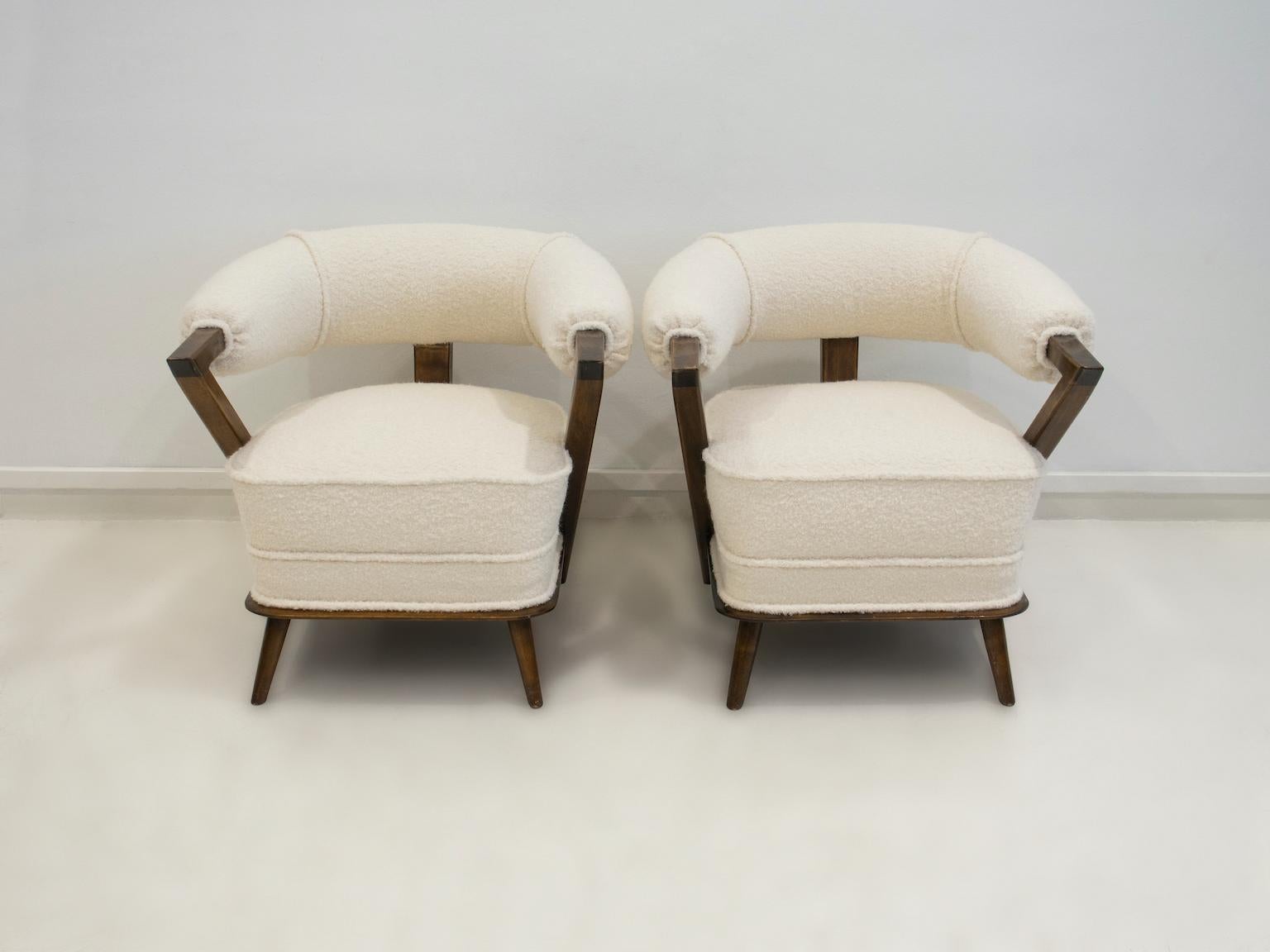 Italian Pair of White Boucle Covered Art Deco Tub Armchairs