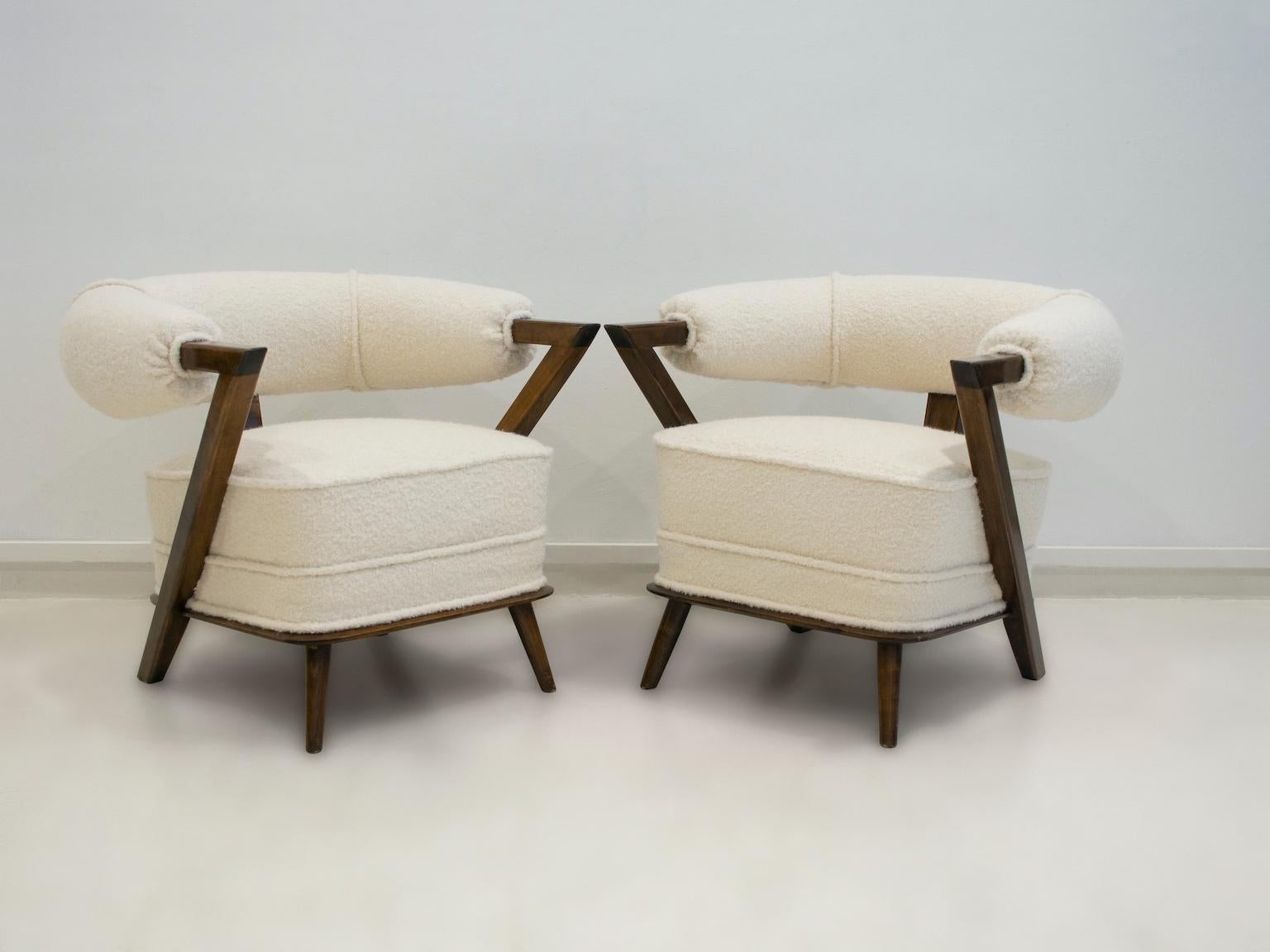 Italian Pair of White Boucle Covered Art Deco Tub Armchairs