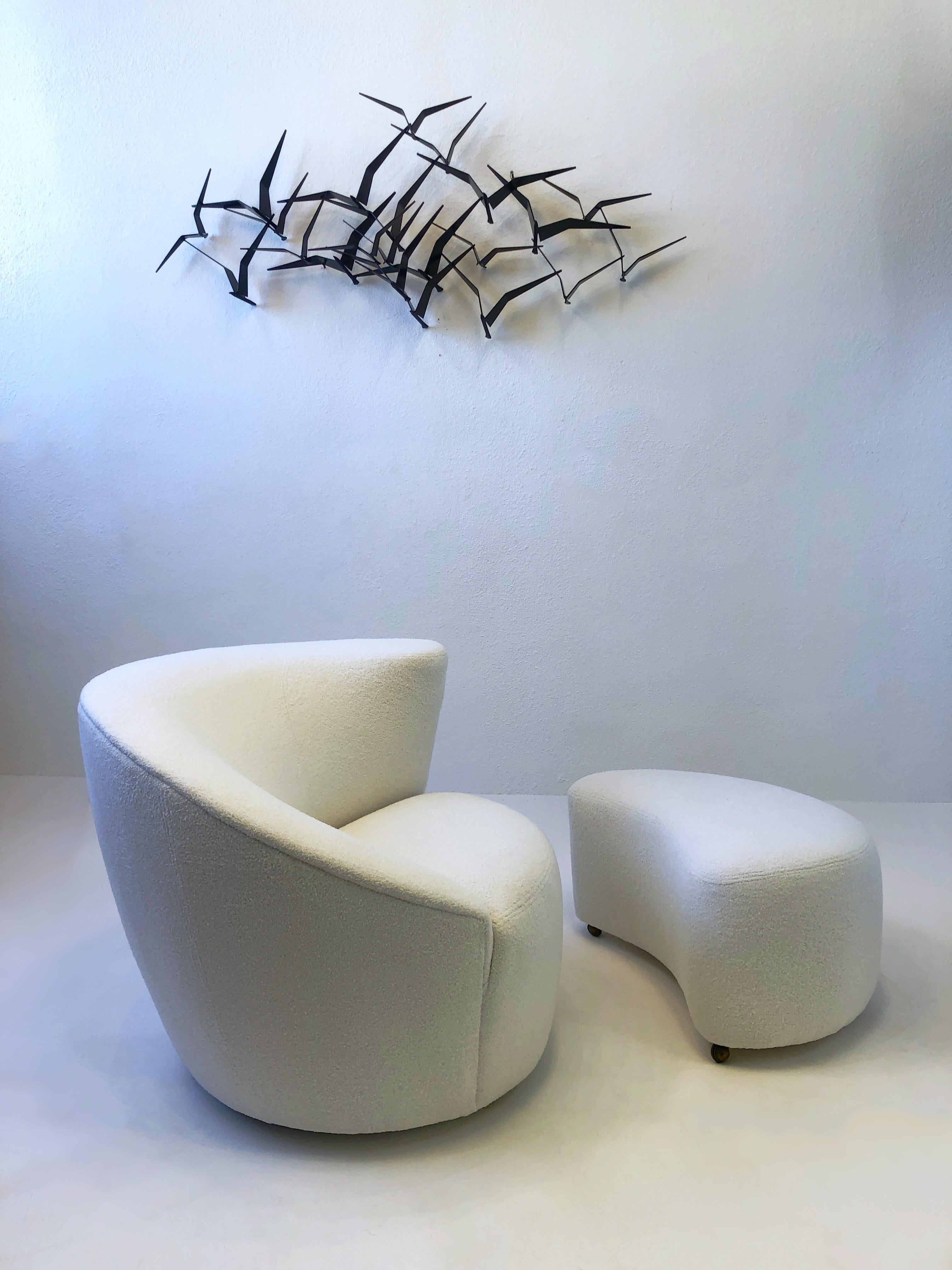 Pair of White Boucle Lounge Chairs and Ottomans by Vladimir Kagan 3