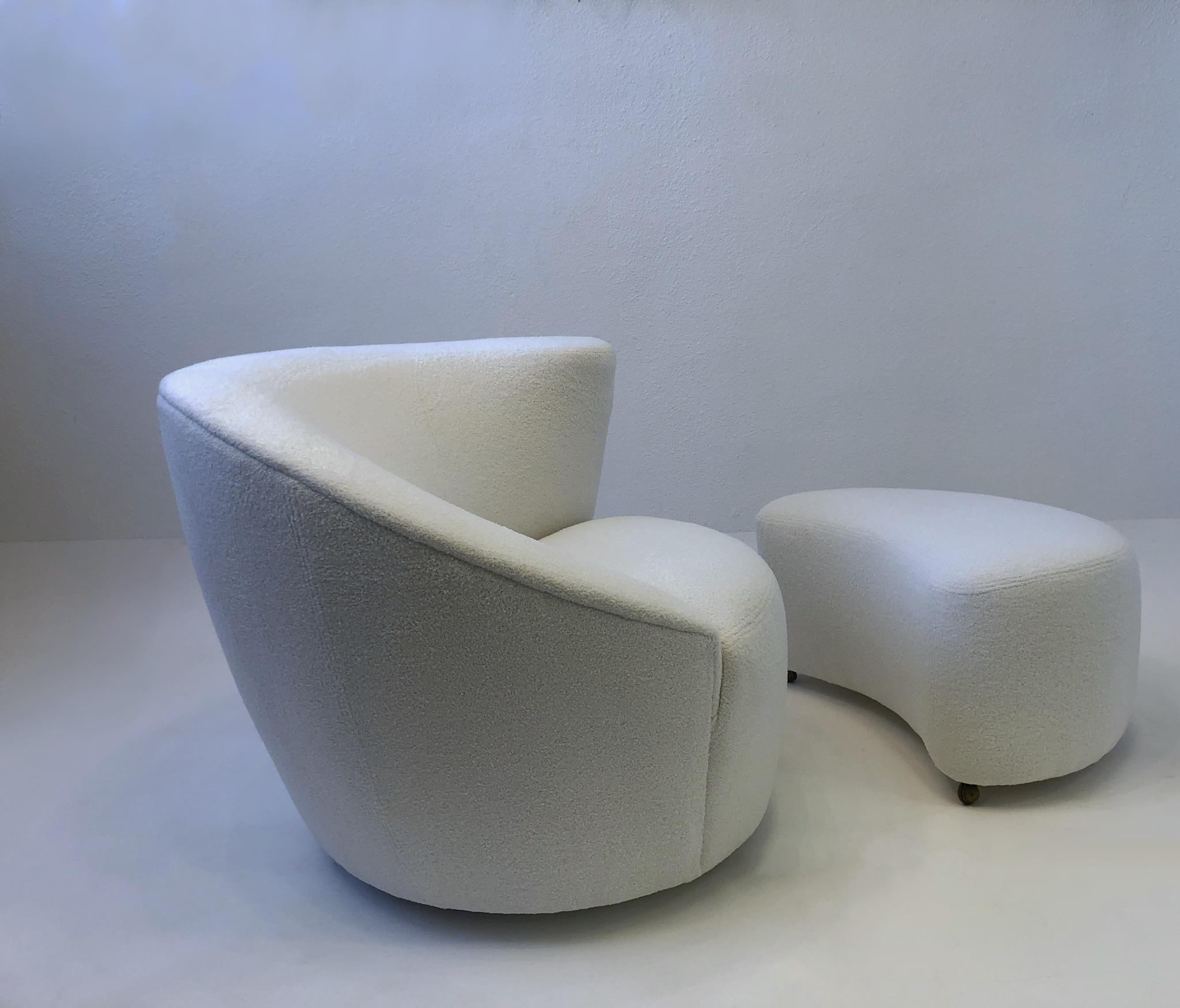 Modern Pair of White Boucle Lounge Chairs and Ottomans by Vladimir Kagan