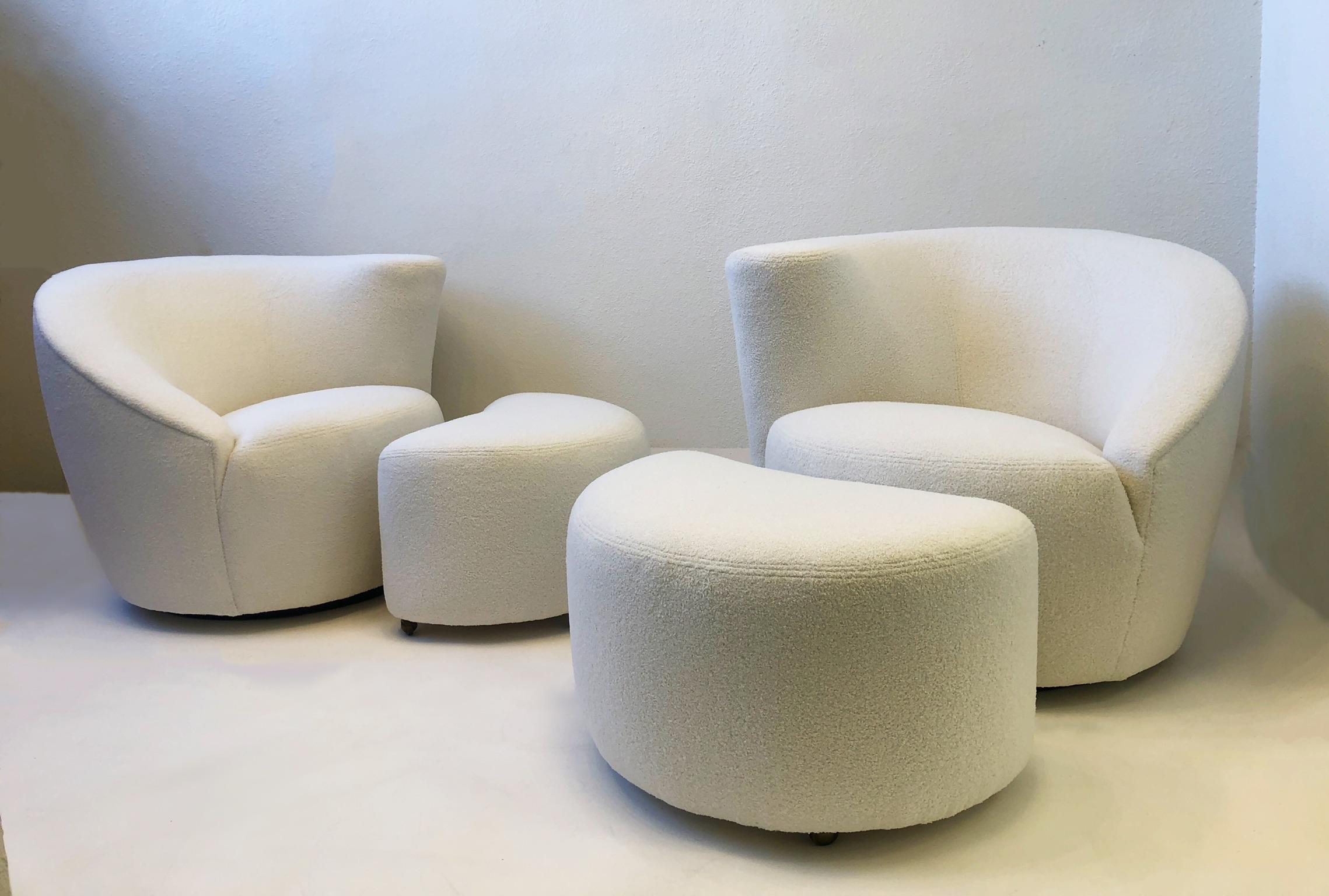 Late 20th Century Pair of White Boucle Lounge Chairs and Ottomans by Vladimir Kagan