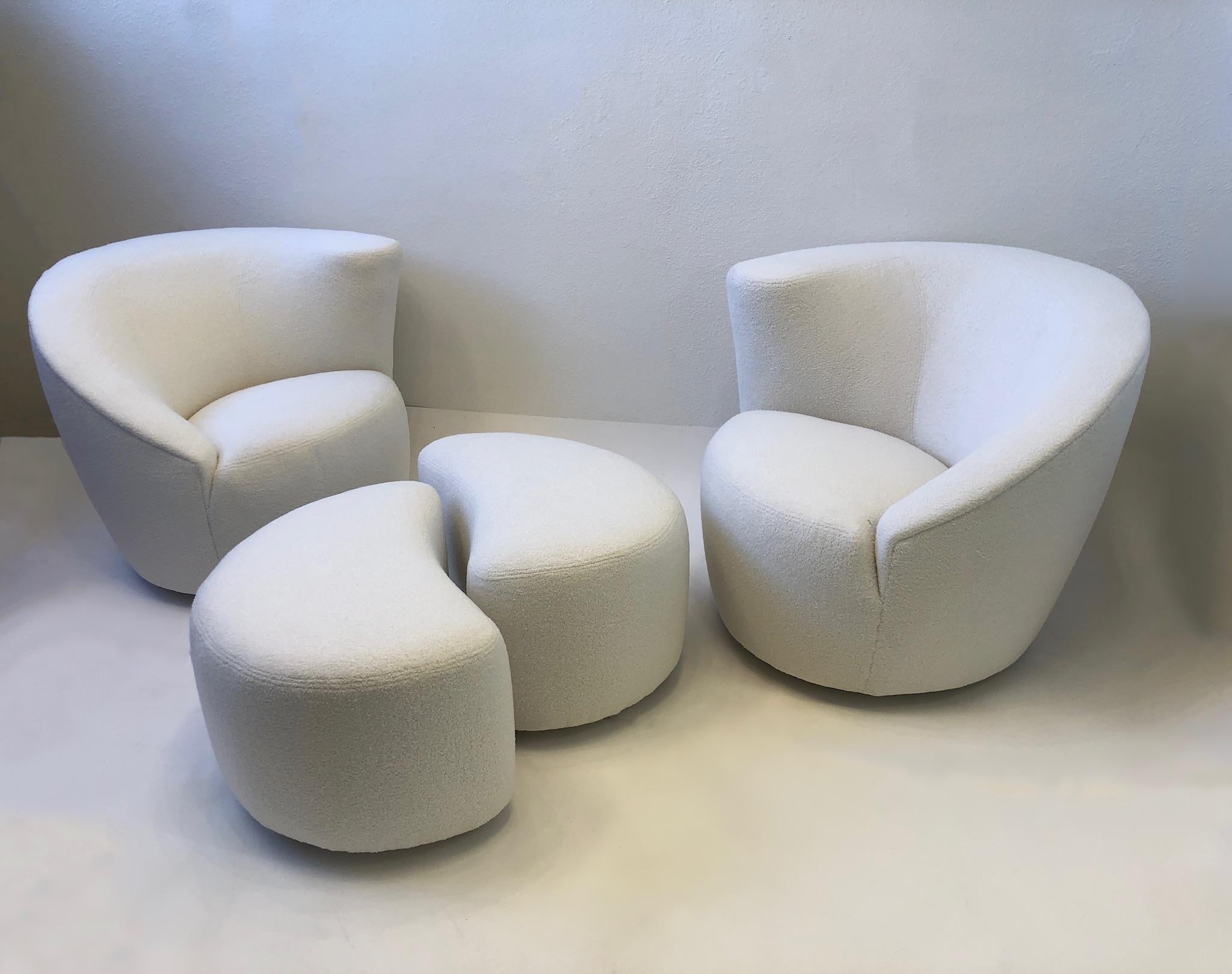 Brass Pair of White Boucle Lounge Chairs and Ottomans by Vladimir Kagan