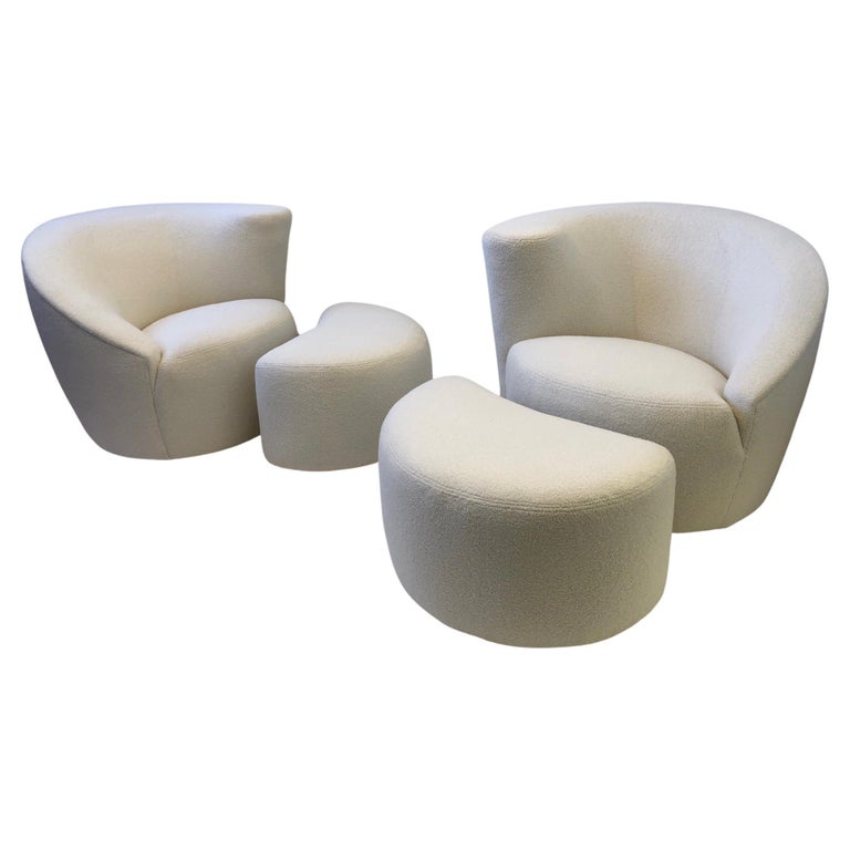 Pair of White Boucle Lounge Chairs and Ottomans by Vladimir Kagan at