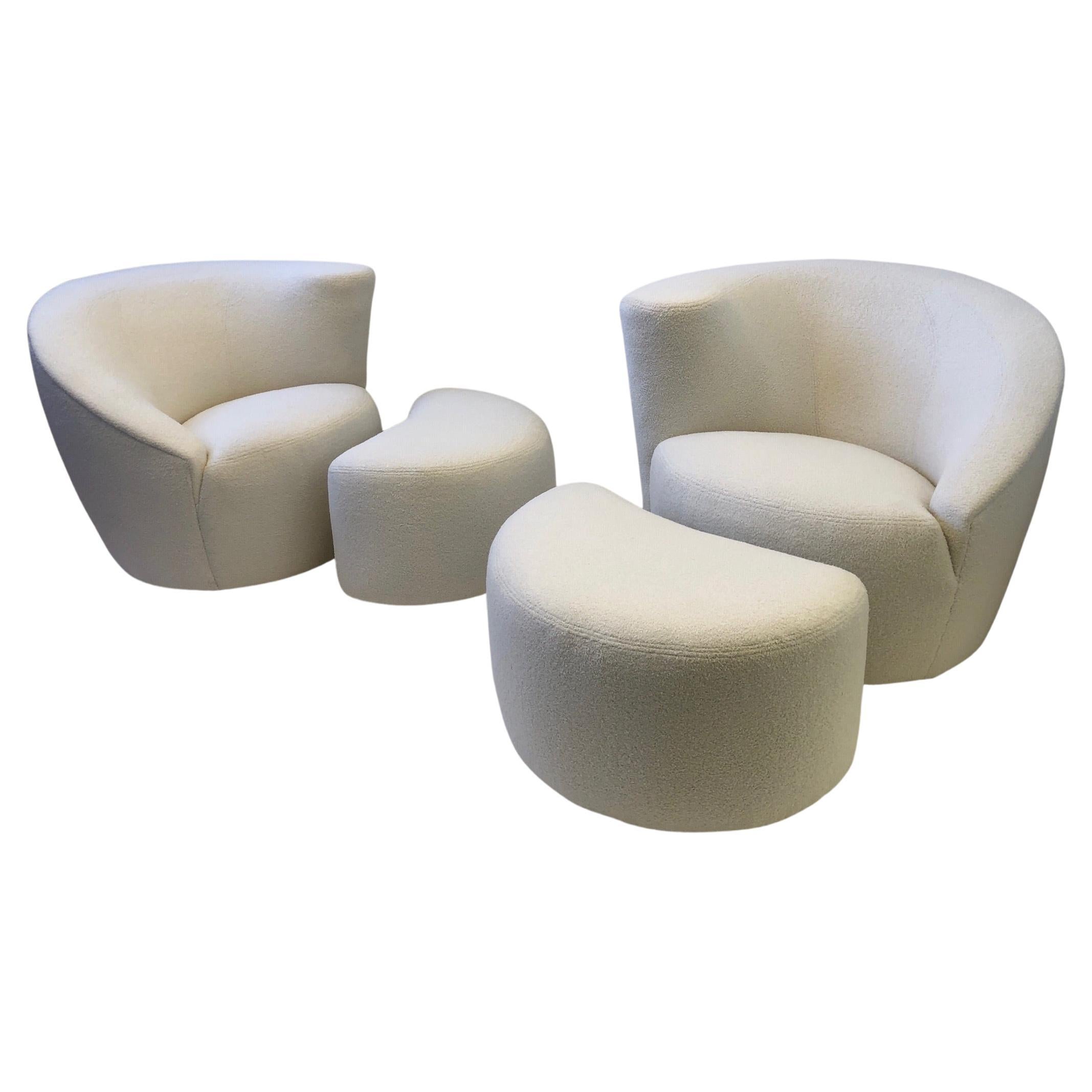 Pair of White Boucle Lounge Chairs and Ottomans by Vladimir Kagan