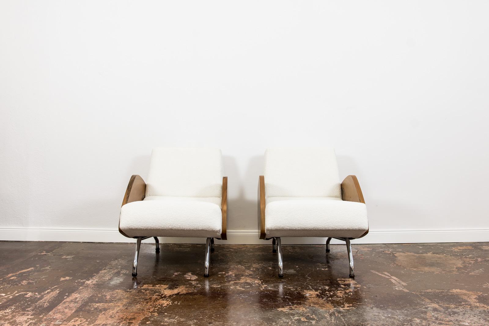 Pair of white Bouclé mid-century lounge chairs 