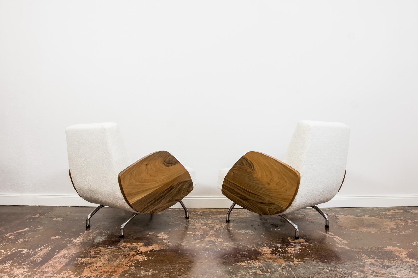 Pair of White Bouclé Mid-Century Lounge Chairs 