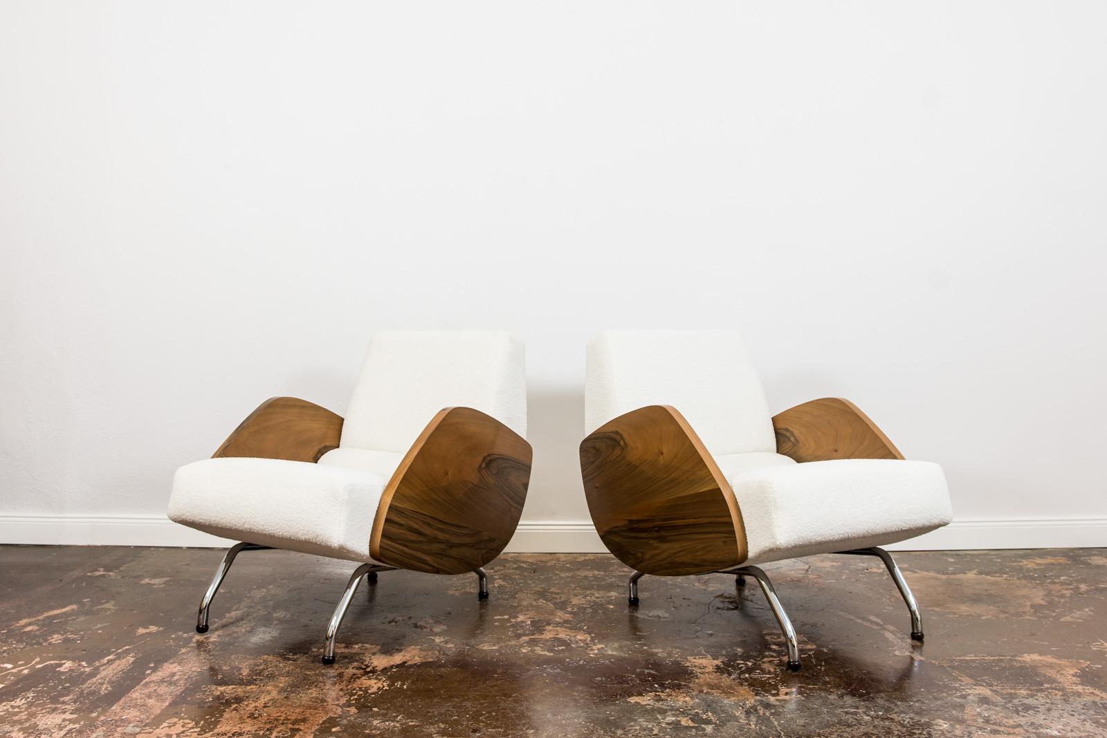 Pair of White Bouclé Mid-Century Lounge Chairs 