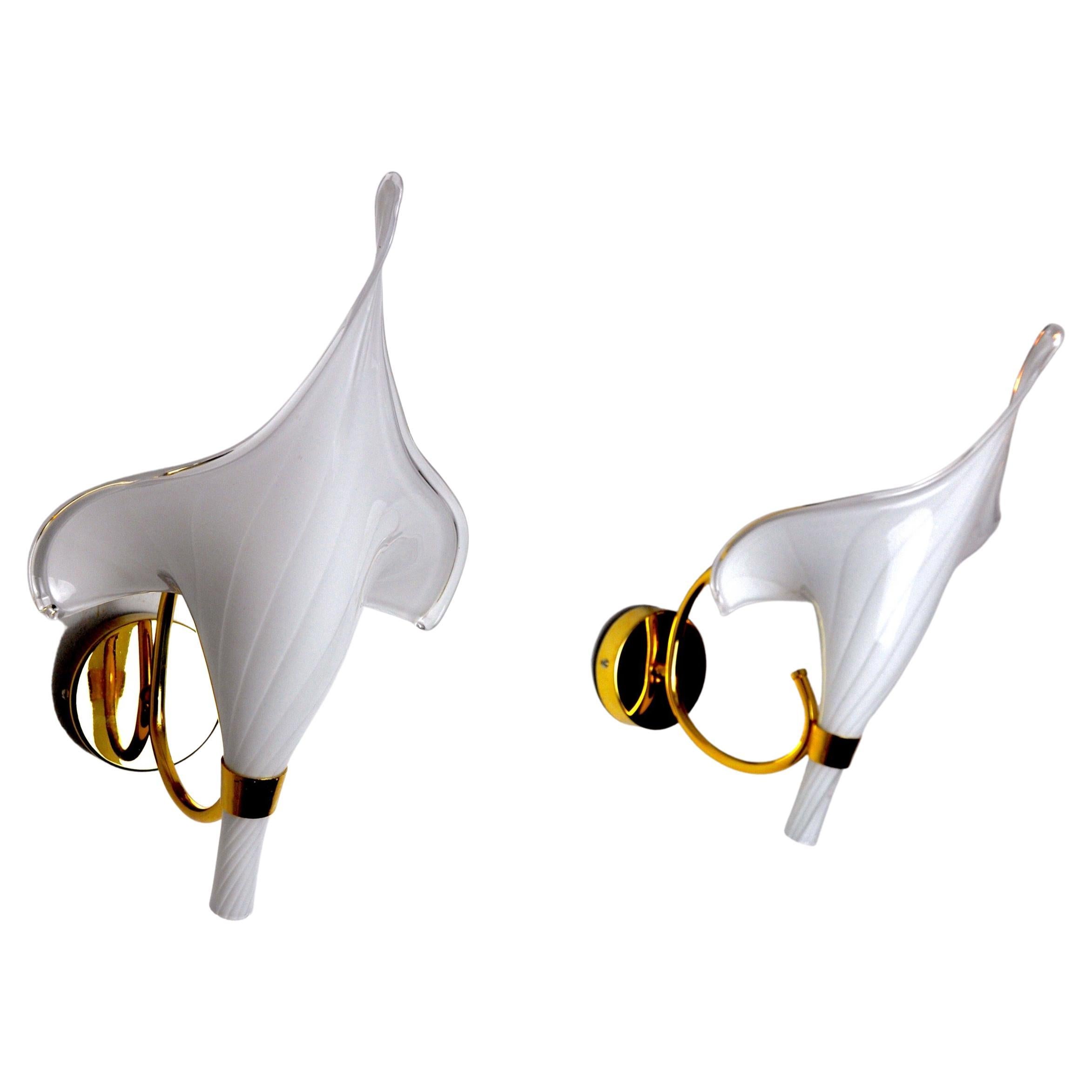 Pair of White Calla Lily Sconces, Murano Glass, Italy, 1970 For Sale