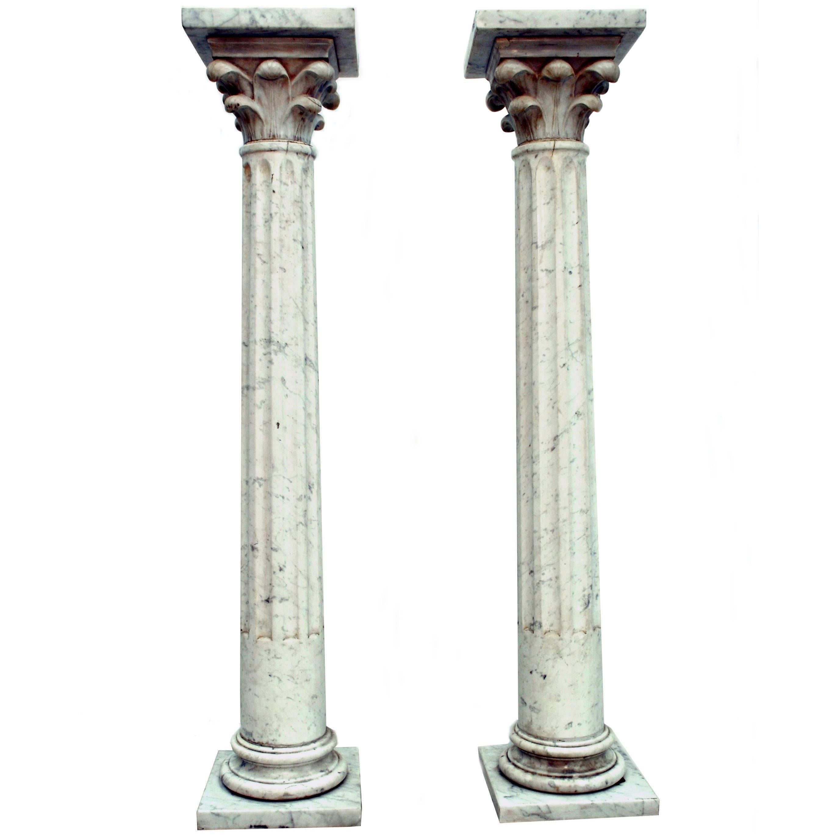 Pair of White Carrara Marble Columns, 19th Century, Italy