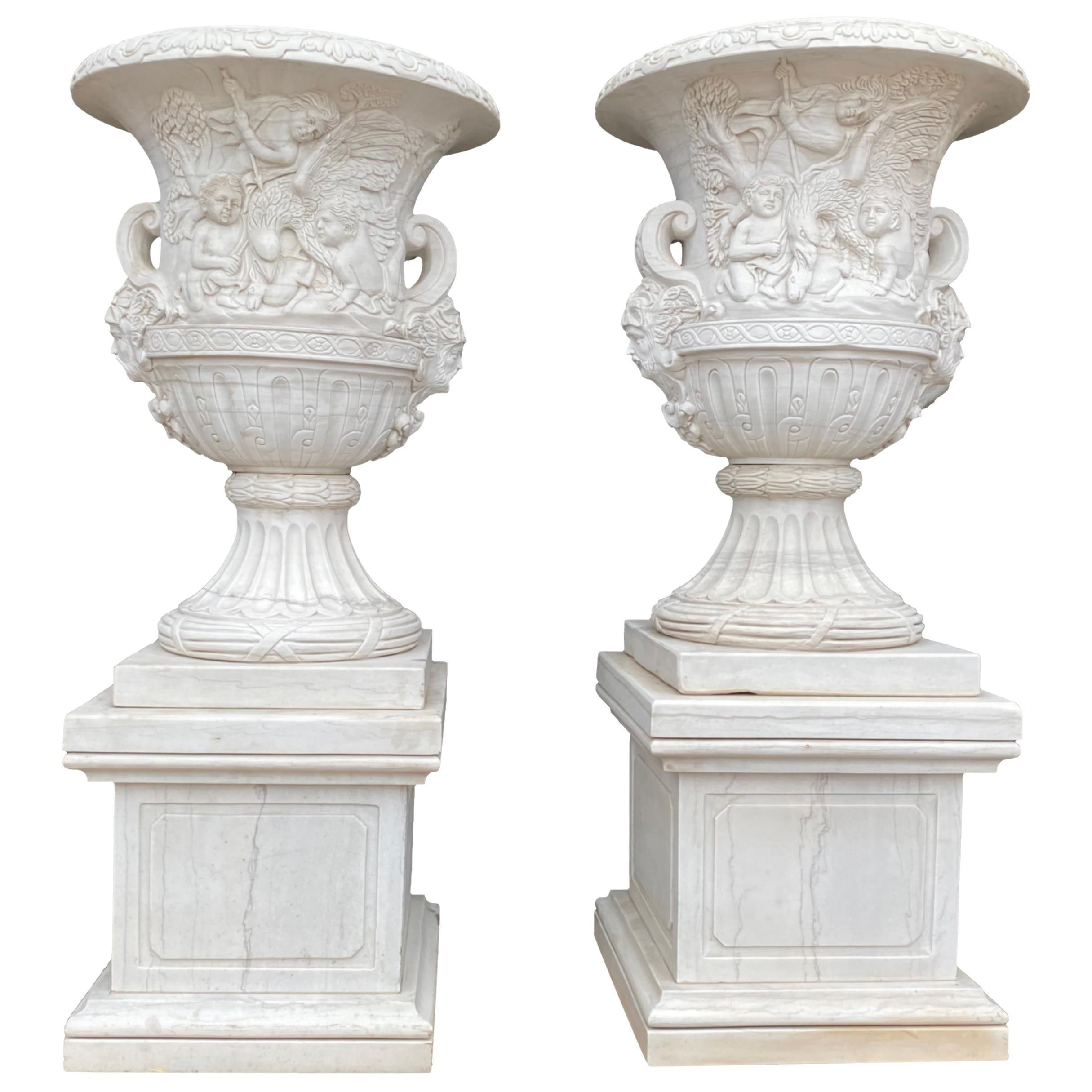 Pair of White Carrara Marble Campana-form Urns, 21st Century For Sale