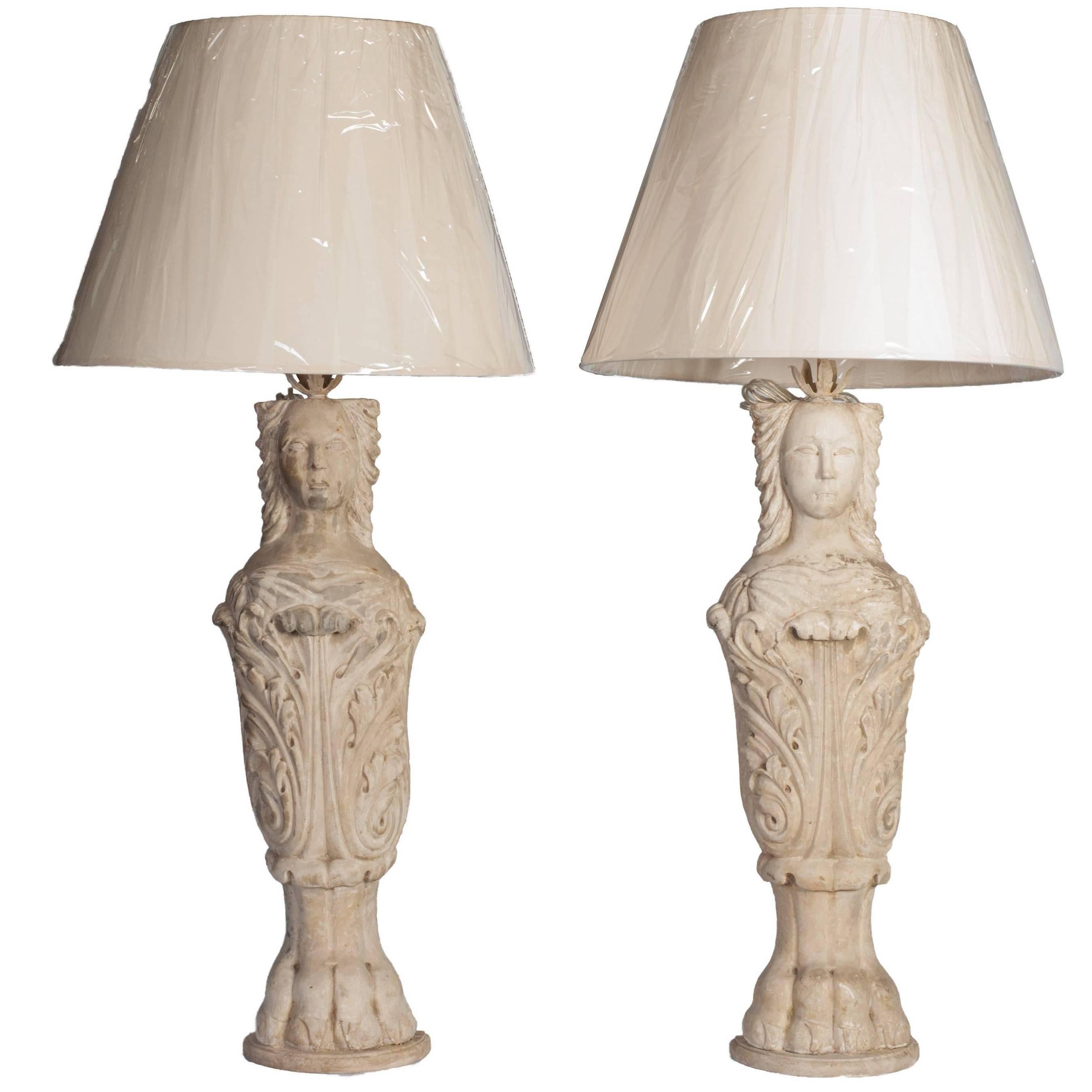 Pair of White Carrara Marble of Caryatid with Claw-Feet Table Lamps