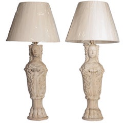 Pair of White Carrara Marble of Caryatid with Claw-Feet Table Lamps