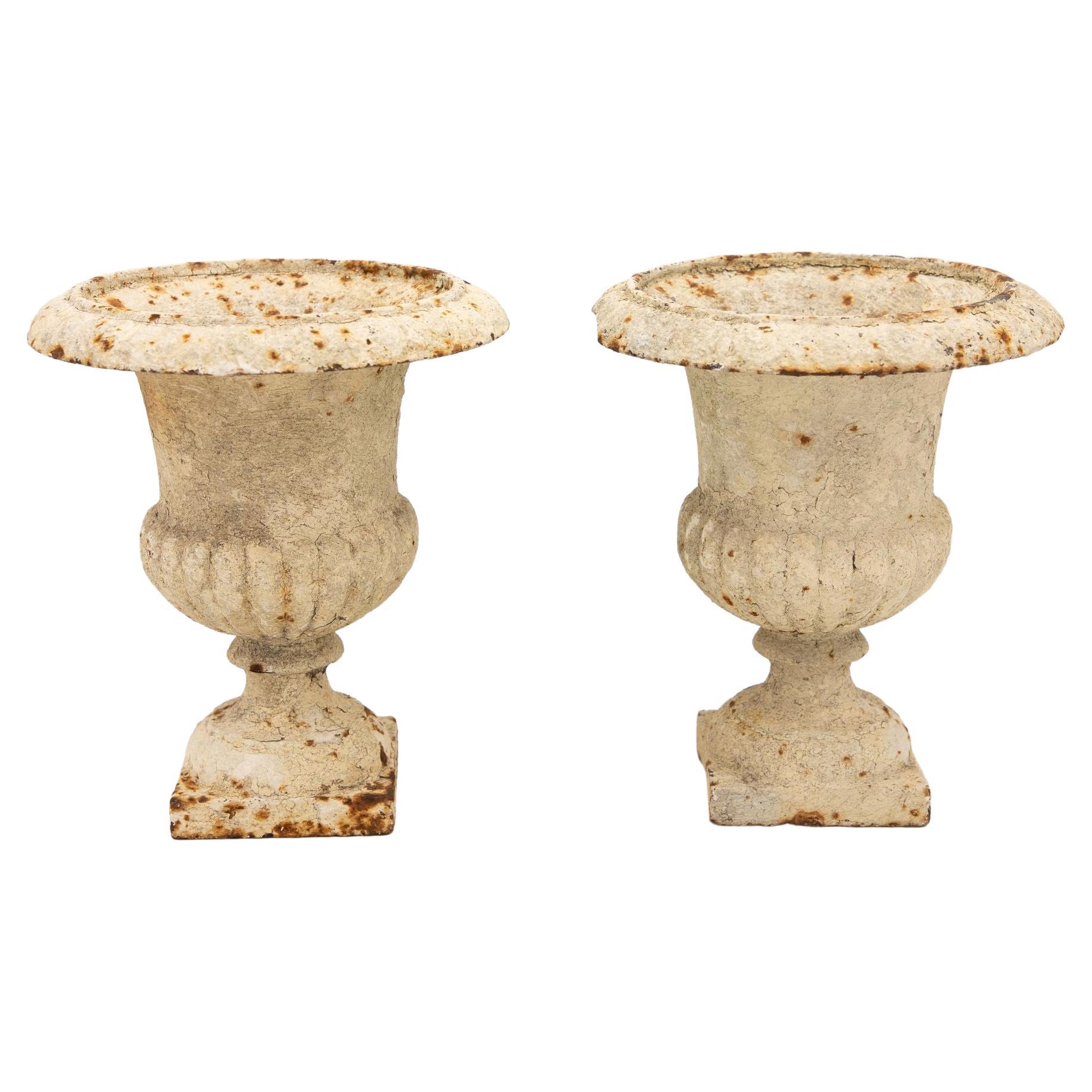Pair of White Cast Iron Urns, French Early 20th Century For Sale