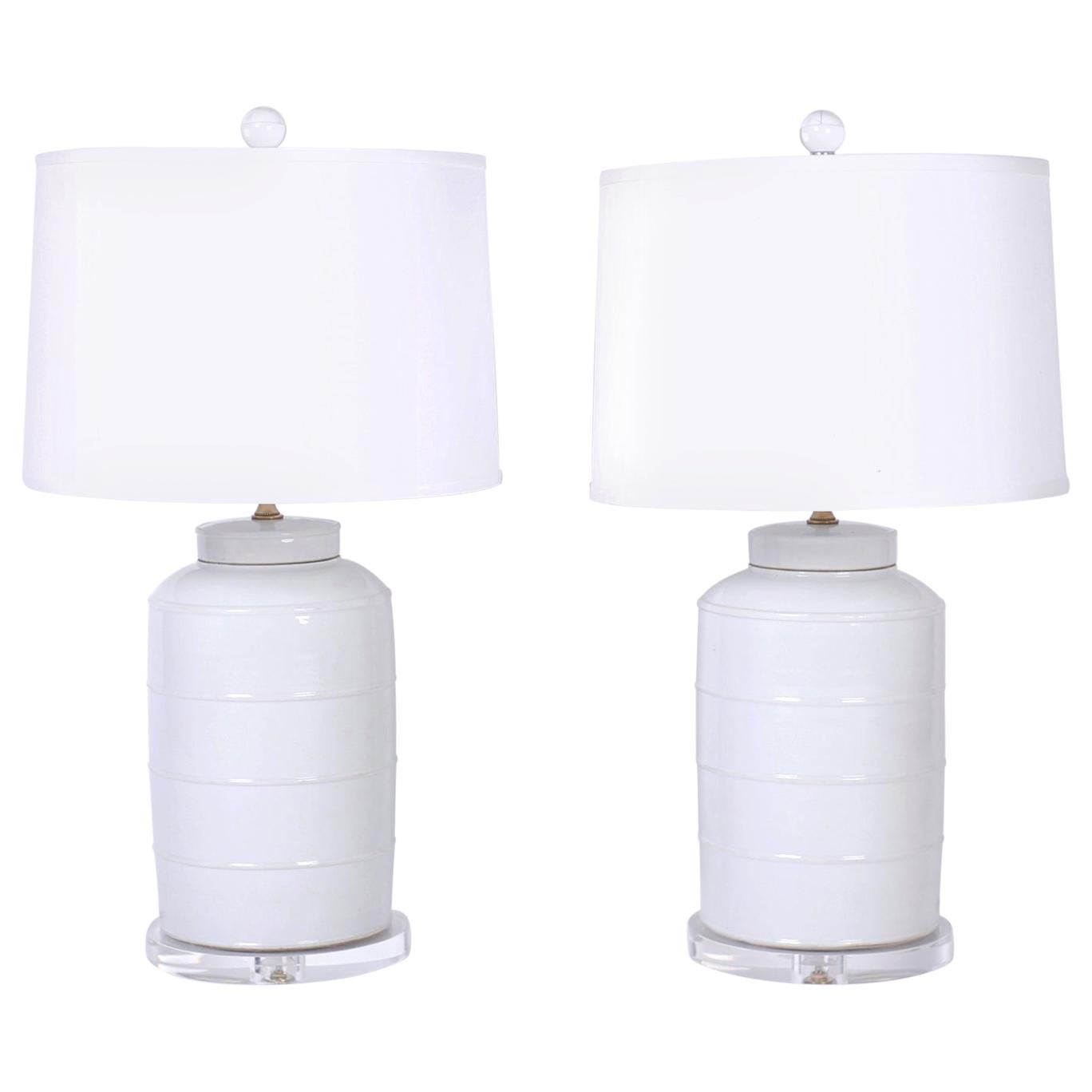 Pair of White Celadon Tea Caddy Table Lamps