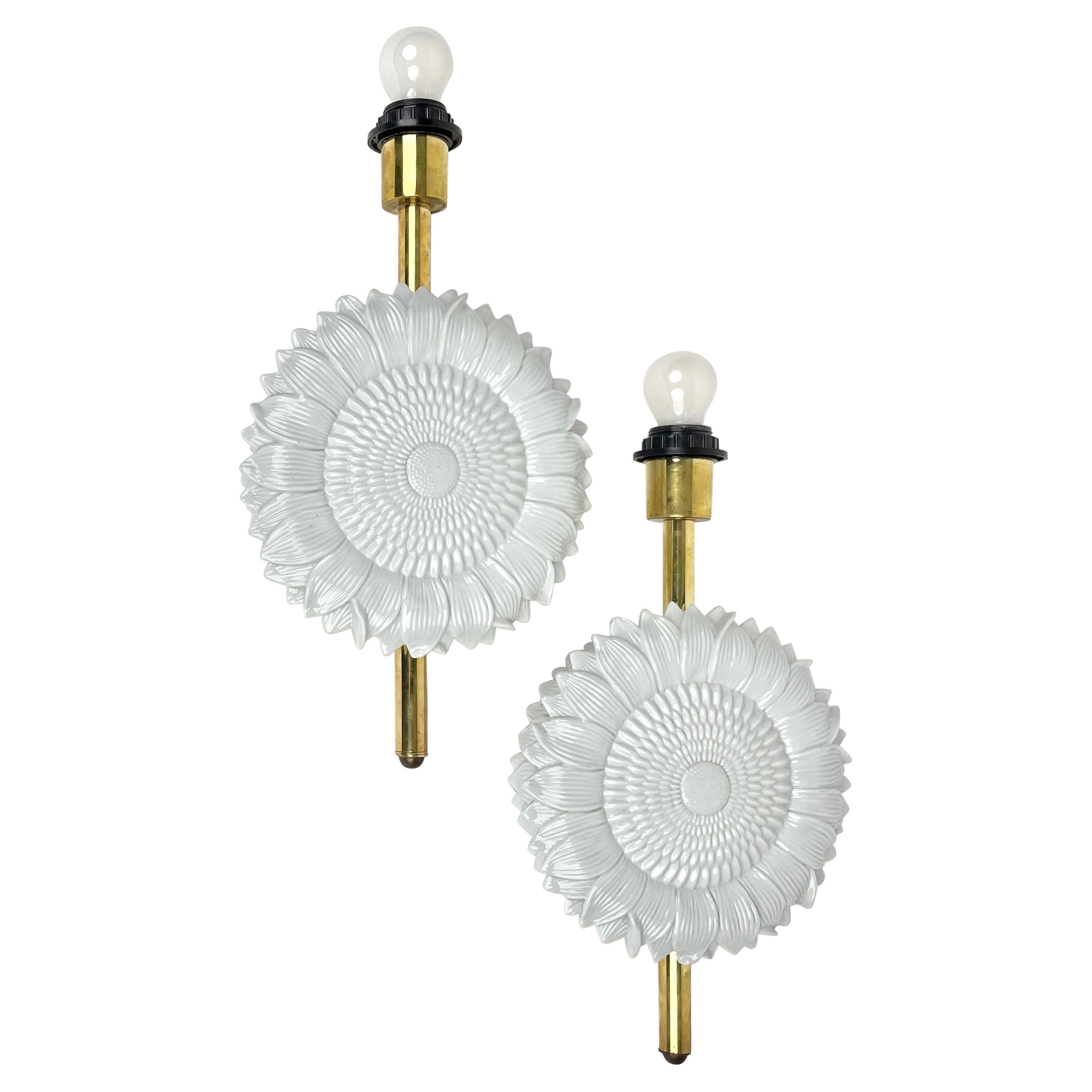 Pair of White Ceramic and Brass Wall Light Sconces, Italy, 1970s