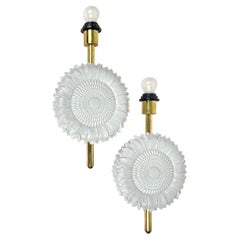 Pair of White Ceramic and Brass Wall Light Sconces, Italy, 1970s