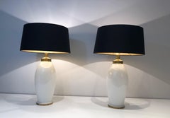 Pair of White Ceramic and Gilt Metal Ovoid Table Lamps. French Work. Circa 1970