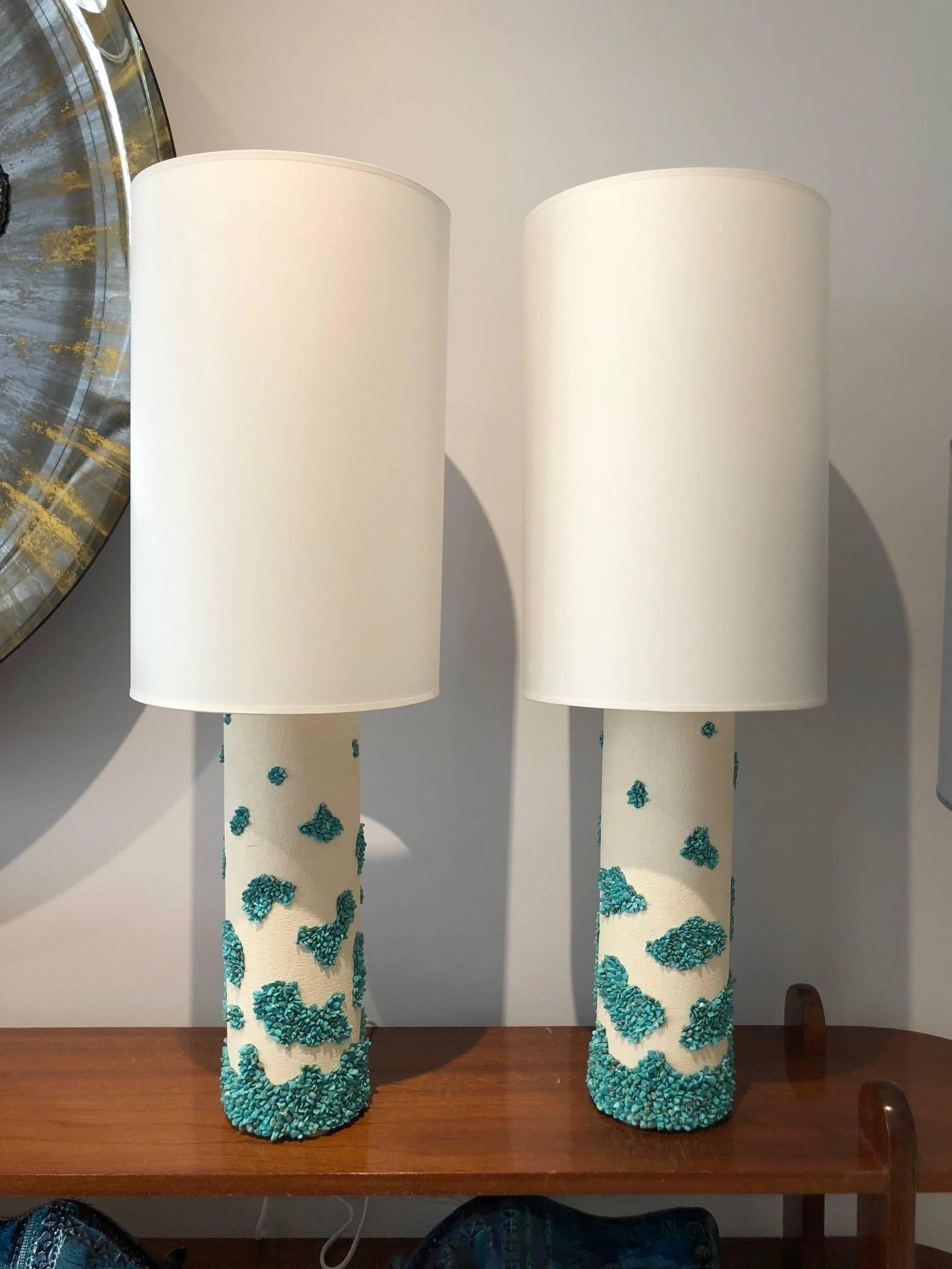 Pair of White Ceramic and Turquoise Howlite Lampes by Stdo 3