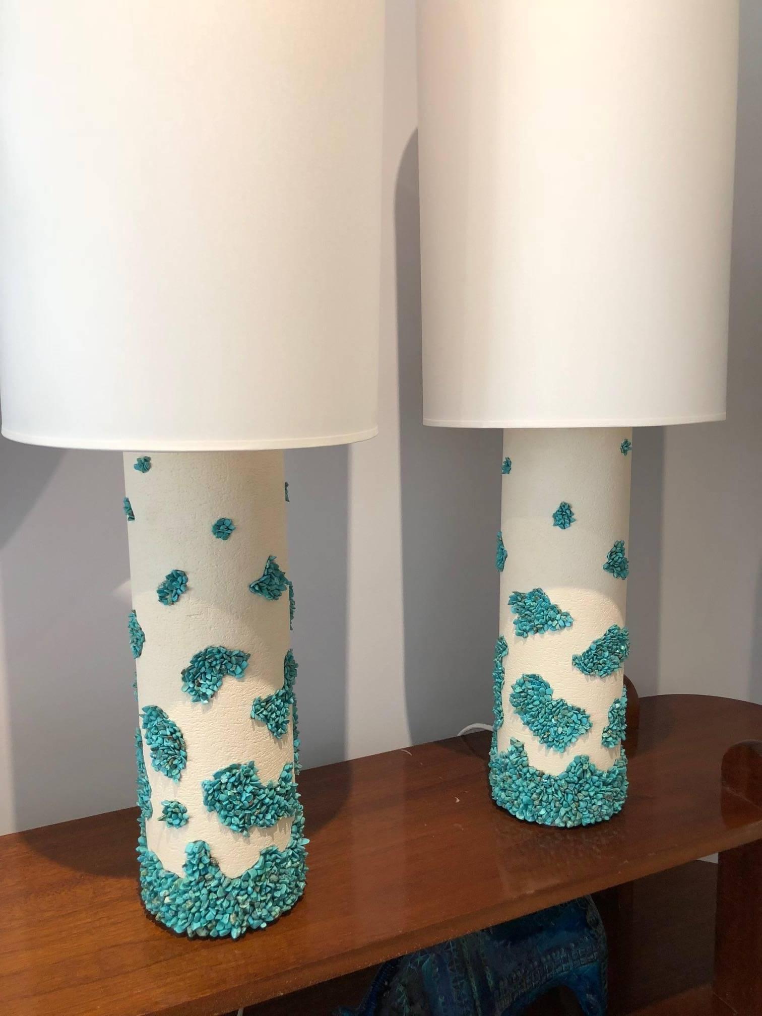 Pair of White Ceramic and Turquoise Howlite Lampes by Stdo 4