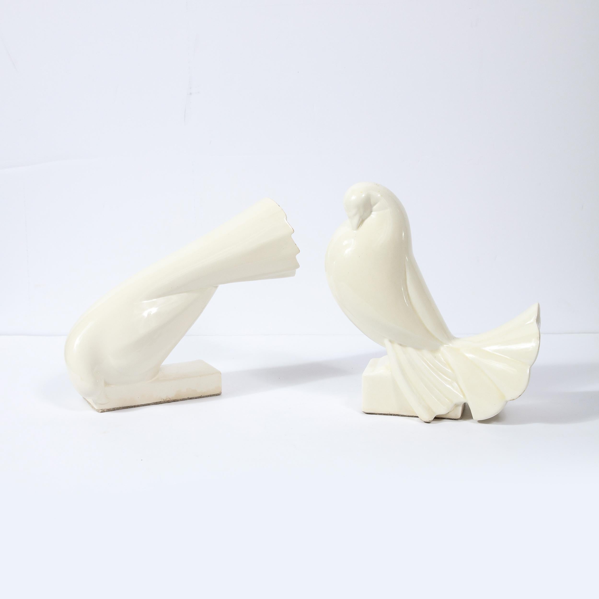 Art Deco Pair of White Ceramic Dove Sculptures by Jacques Adnet For Sale