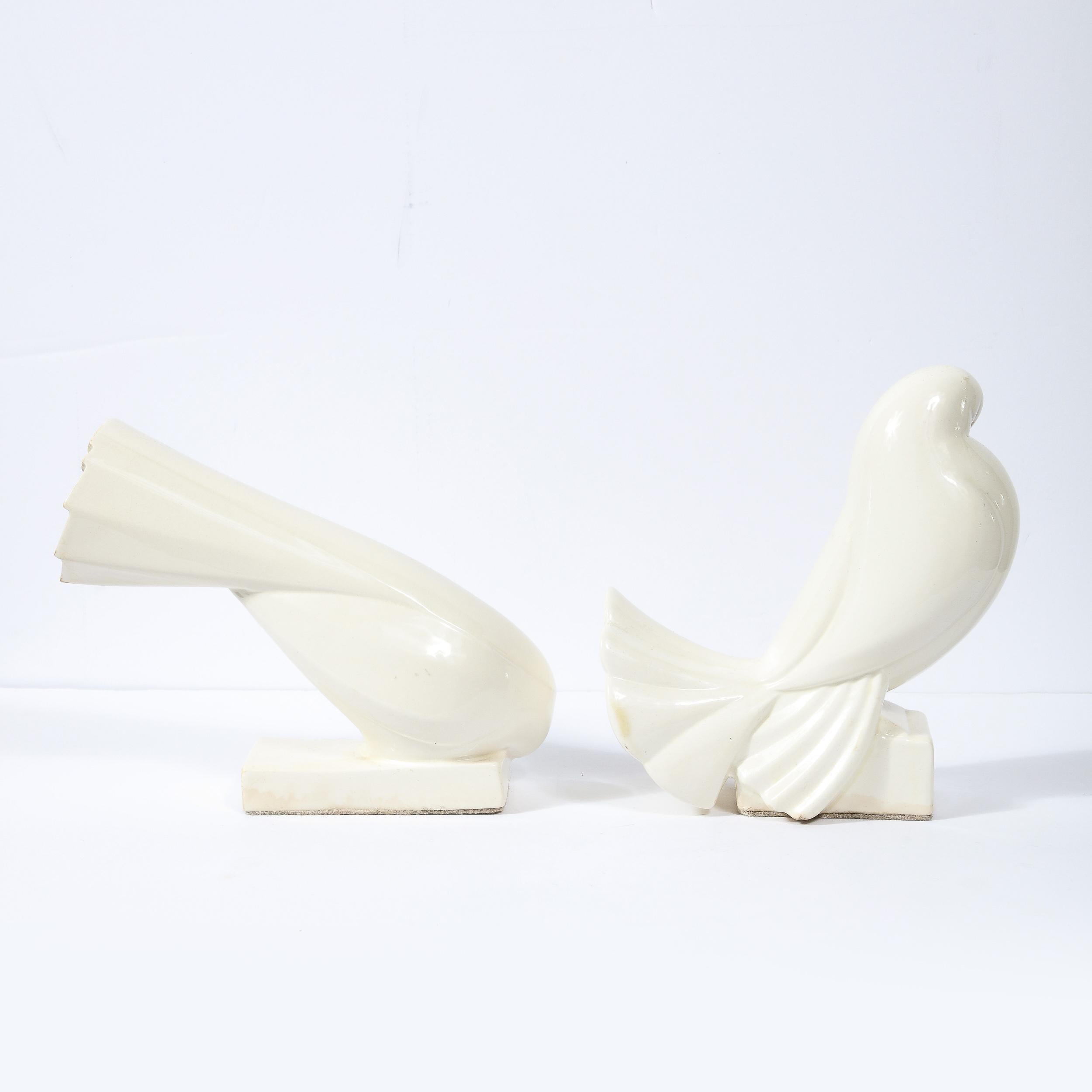 French Pair of White Ceramic Dove Sculptures by Jacques Adnet For Sale