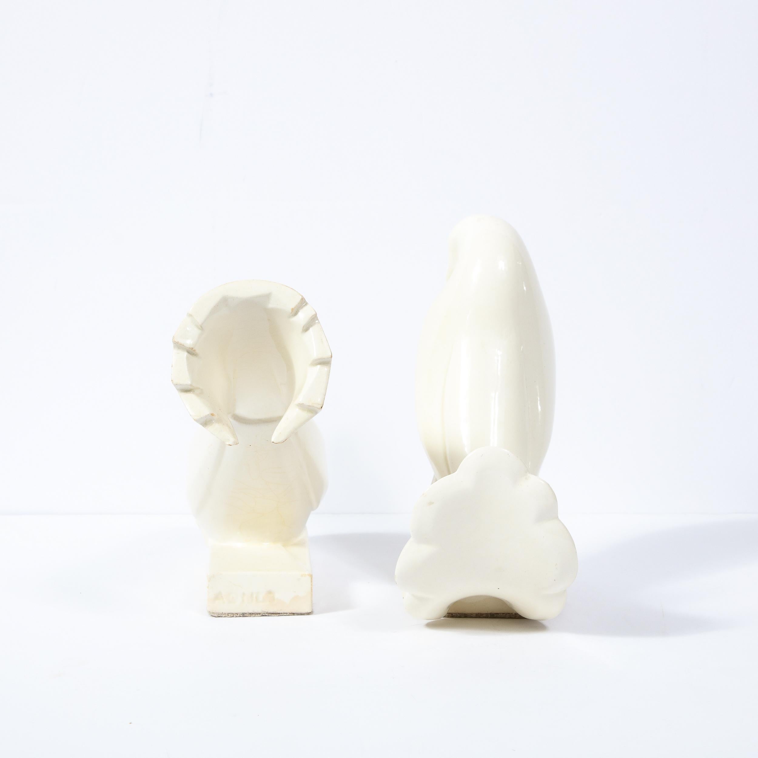 Glazed Pair of White Ceramic Dove Sculptures by Jacques Adnet For Sale
