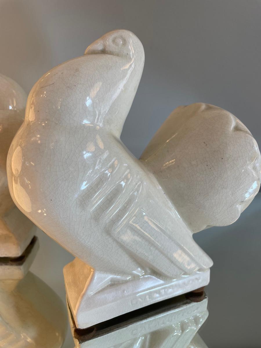 Pair of White Ceramic Doves in Deco Style For Sale 3
