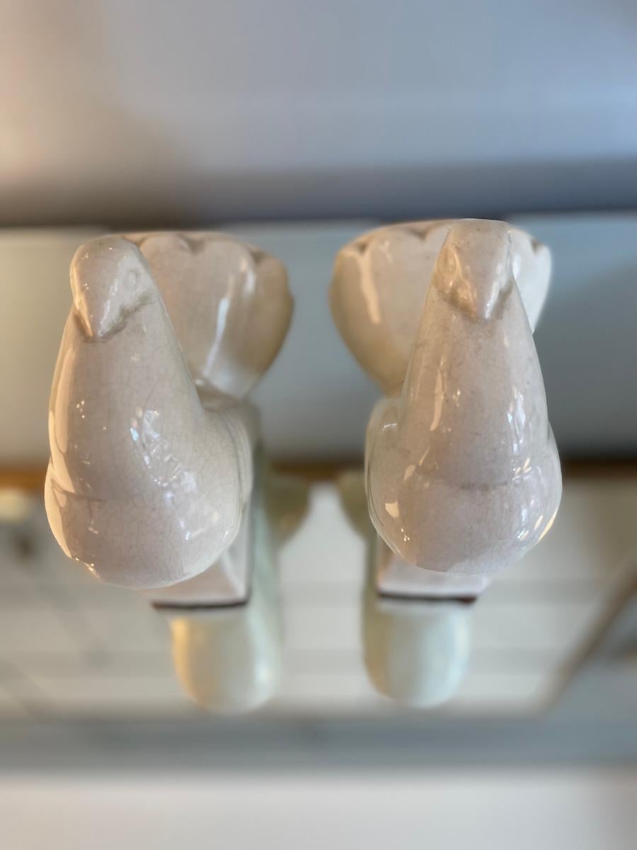 Pair of White Ceramic Doves in Deco Style For Sale 5