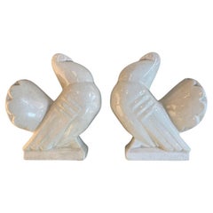 Pair of White Ceramic Doves in Deco Style