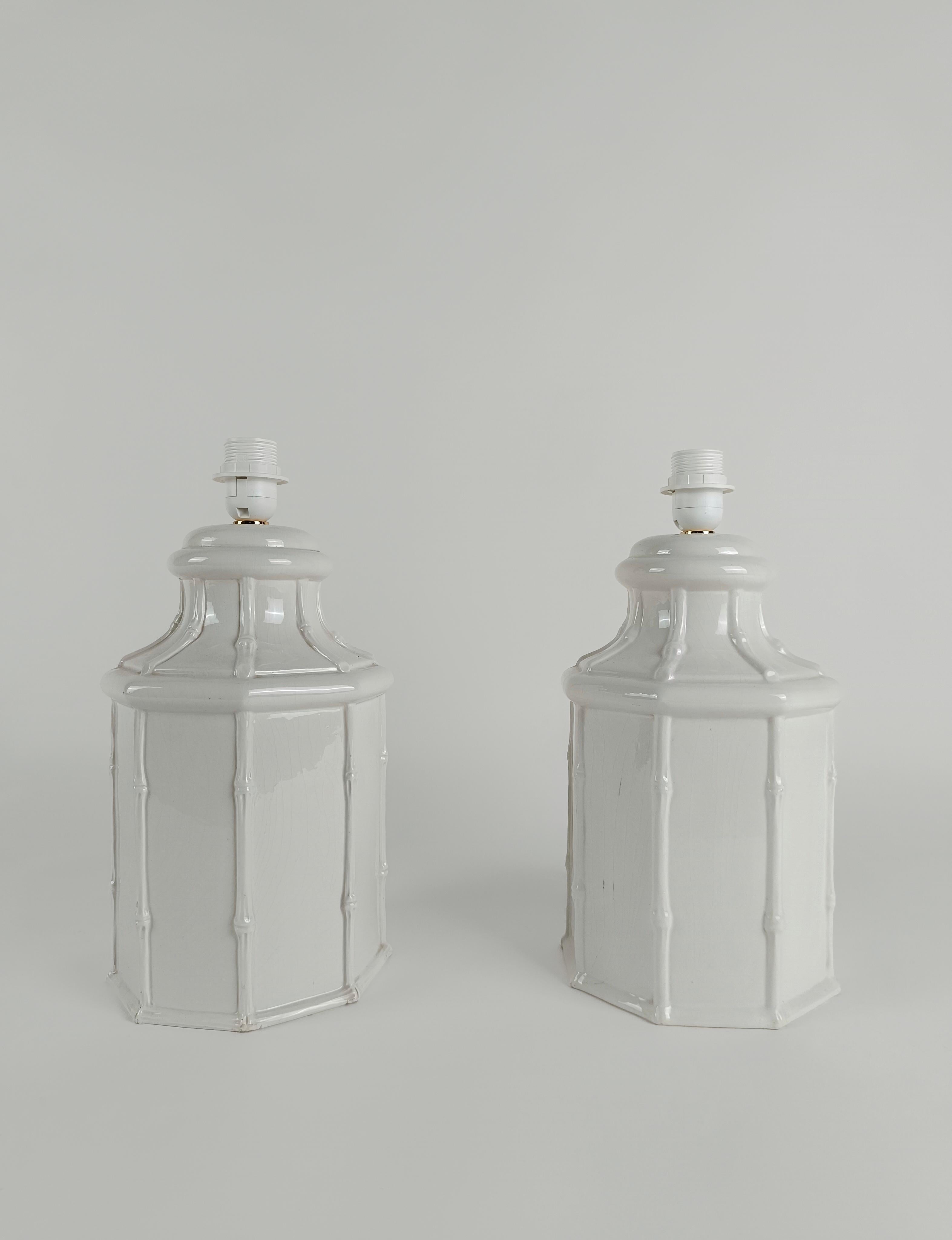 Pair of White Ceramic Faux Bamboo Table Lamps in Chinese Chippendale Style 6