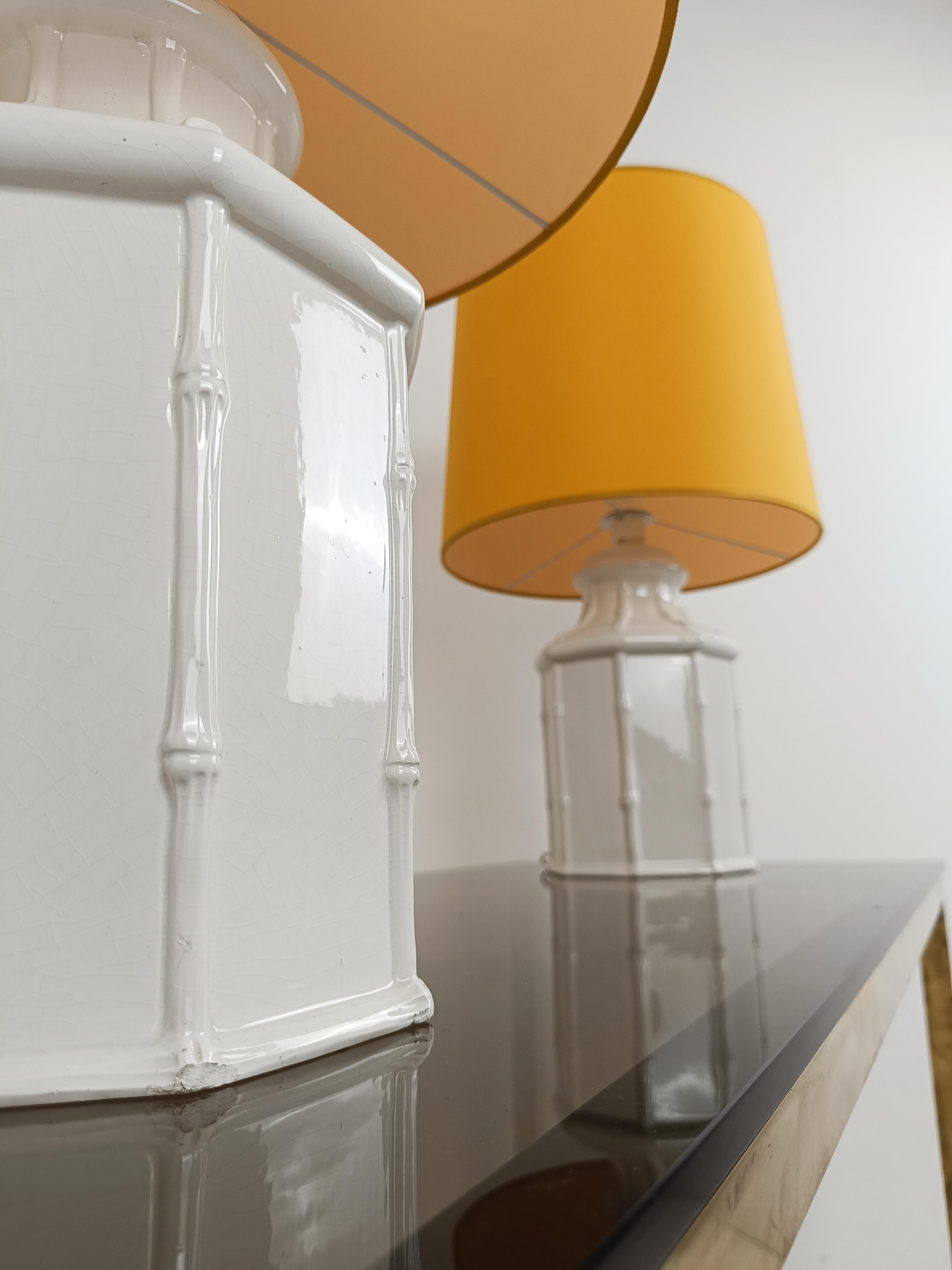 Italian Pair of White Ceramic Faux Bamboo Table Lamps in Chinese Chippendale Style