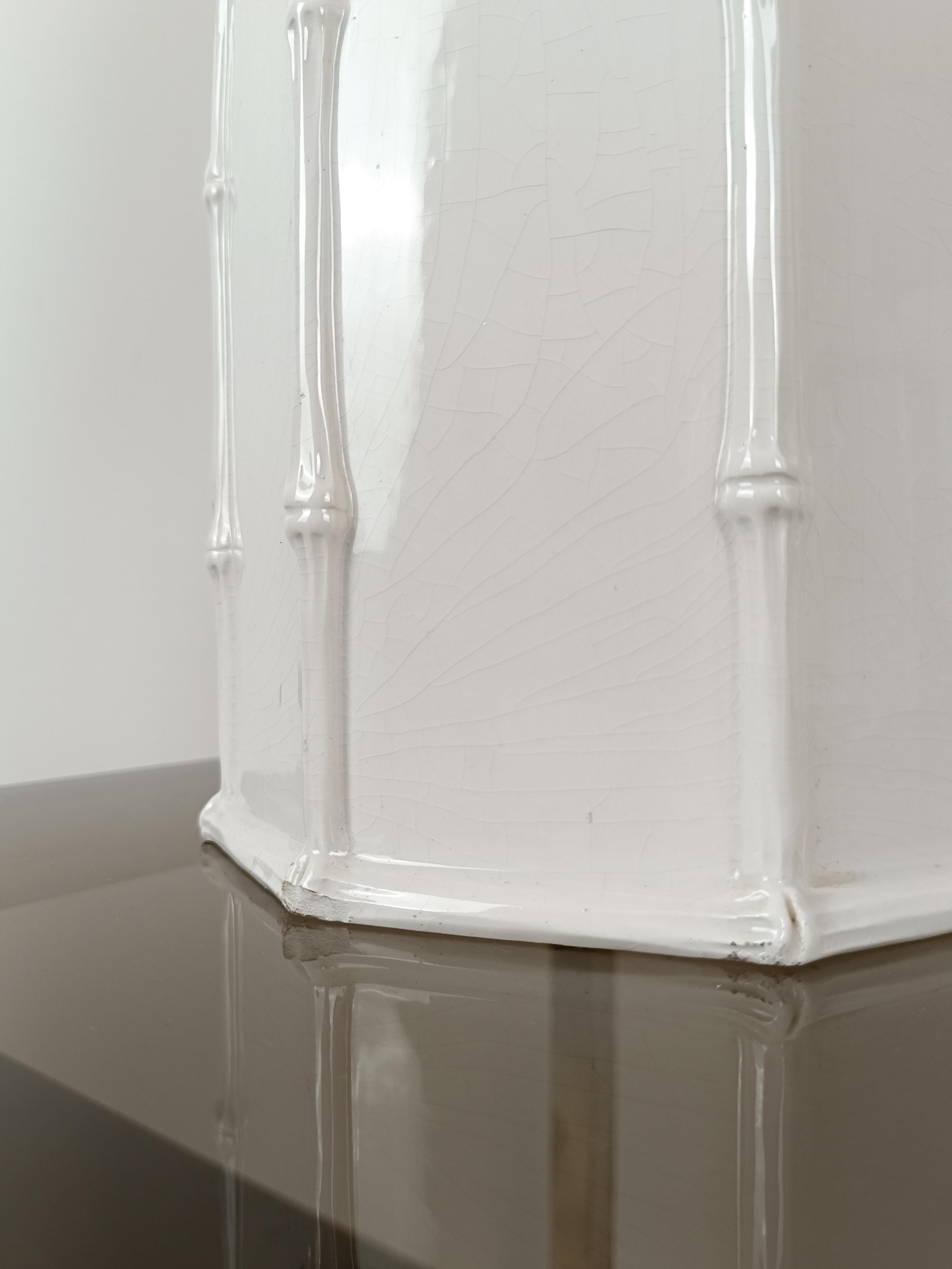 20th Century Pair of White Ceramic Faux Bamboo Table Lamps in Chinese Chippendale Style