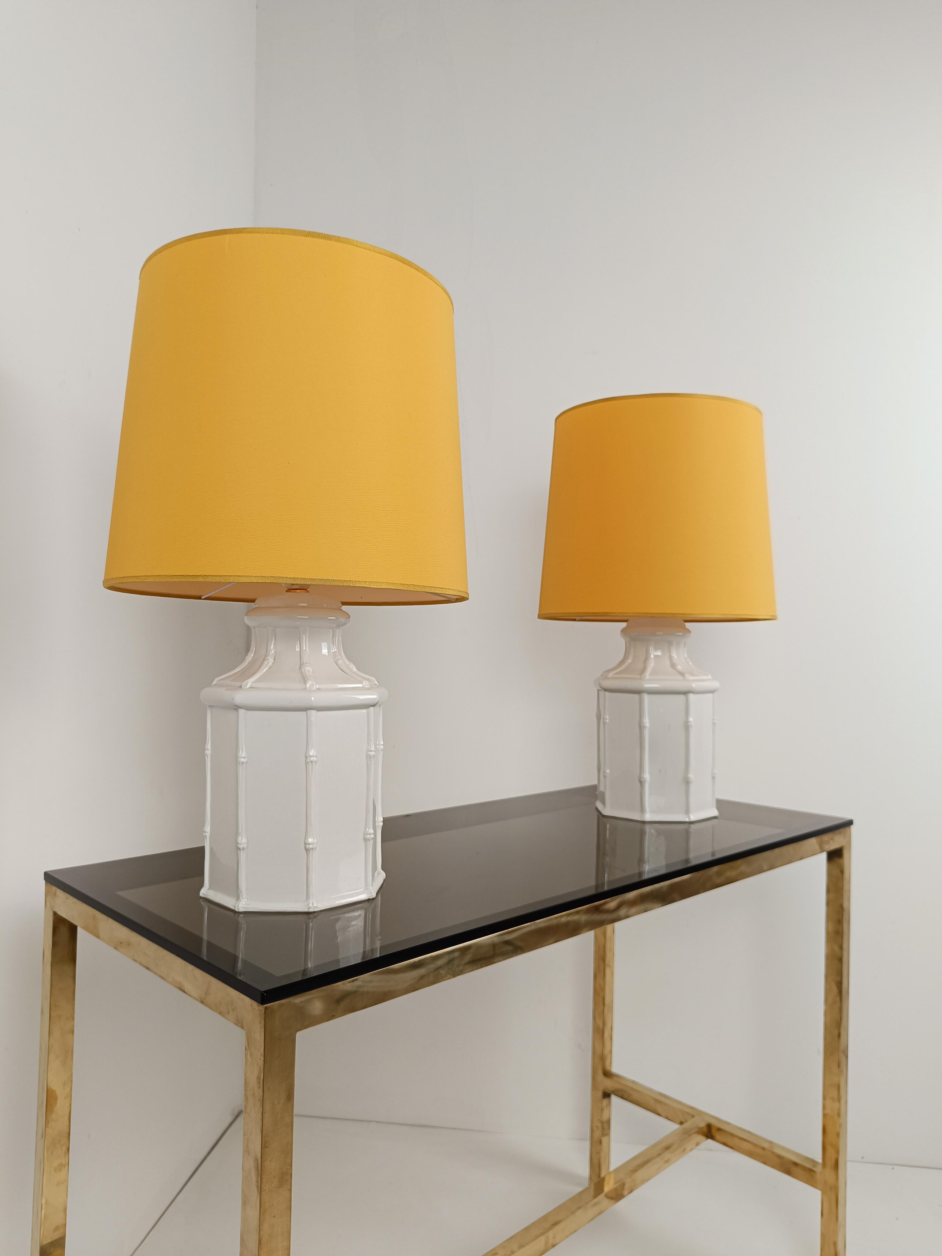 Pair of White Ceramic Faux Bamboo Table Lamps in Chinese Chippendale Style 1
