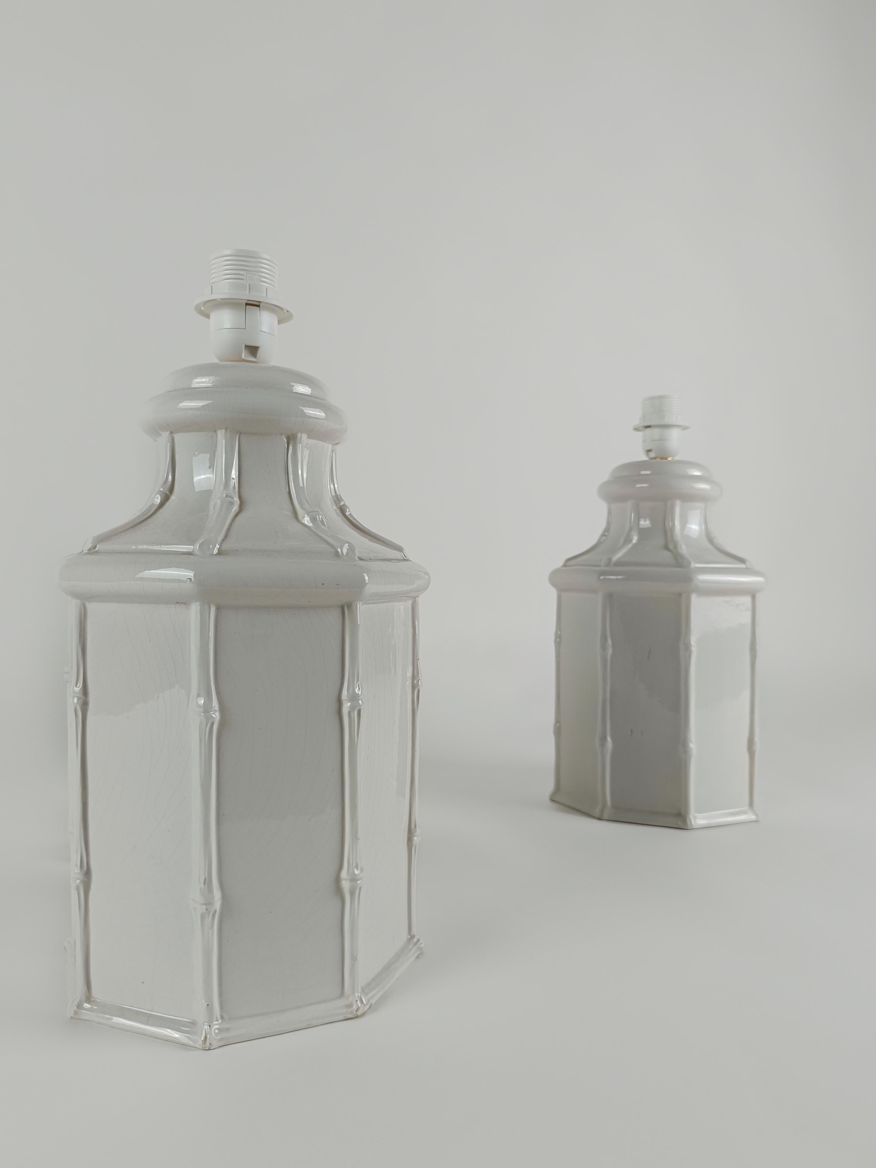 Pair of White Ceramic Faux Bamboo Table Lamps in Chinese Chippendale Style 4