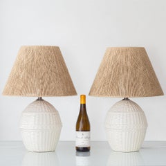 Pair of White Ceramic Faux Wicker Table Lamps, New Jute Shades, Spain, 1970s