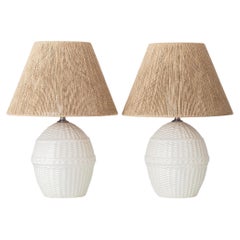 Pair of White Ceramic Faux Wicker Table Lamps, New Jute Shades, Spain, 1970s