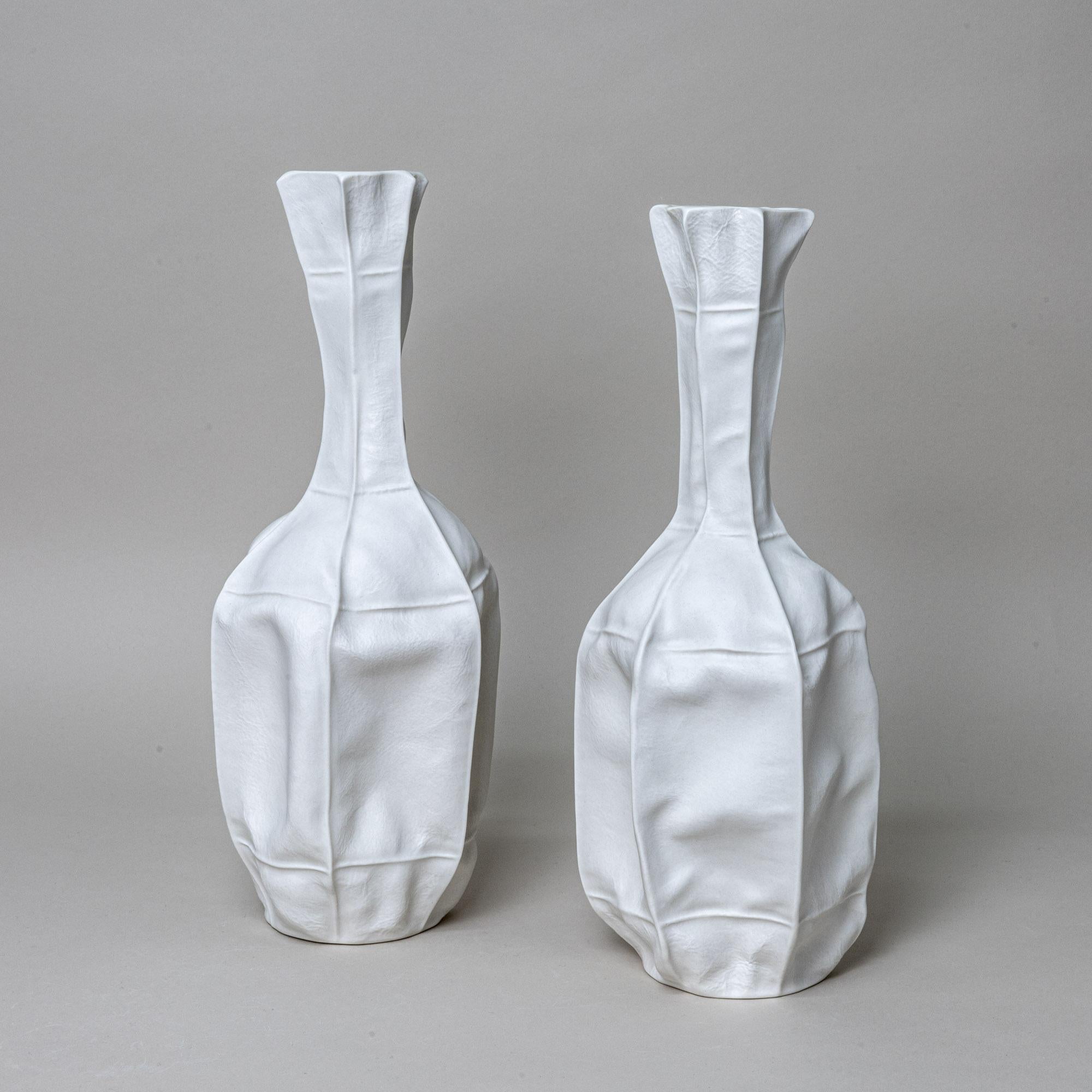 Contemporary Pair of Sculptural White Ceramic Kawa Vase 12, Organic Modern porcelain For Sale