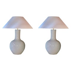 Pair of White Ceramic Long Neck Shaped Lamps With Shades, China, Contemporary