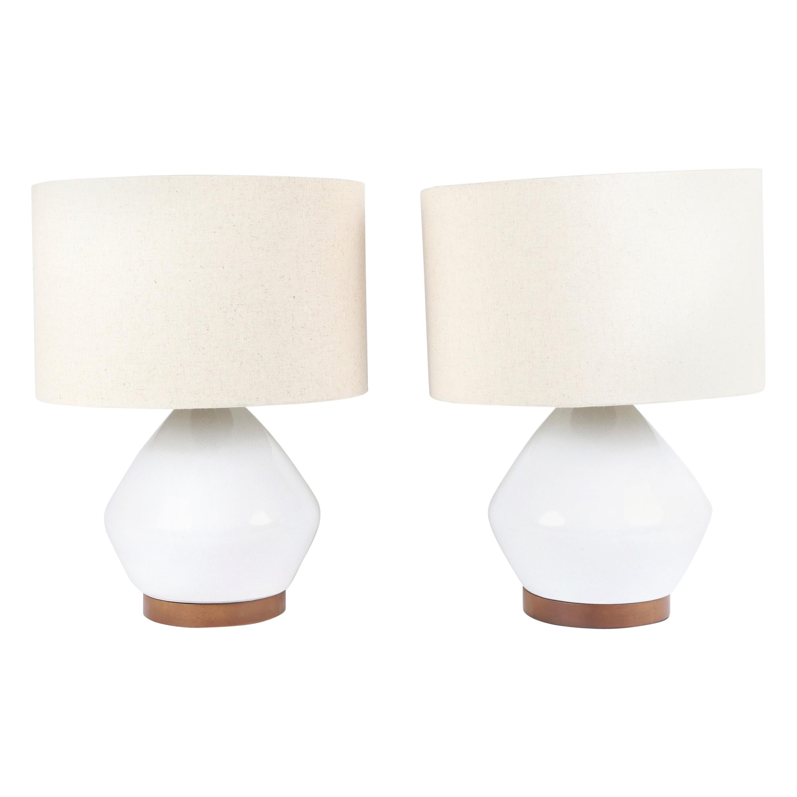 Pair of White Ceramic Lamps Crackle with Beige Shades
