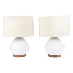 Pair of White Ceramic Lamps Crackle with Beige Shades