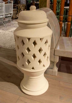 Pair of White Ceramic Openwork Floor Lanterns for Garden